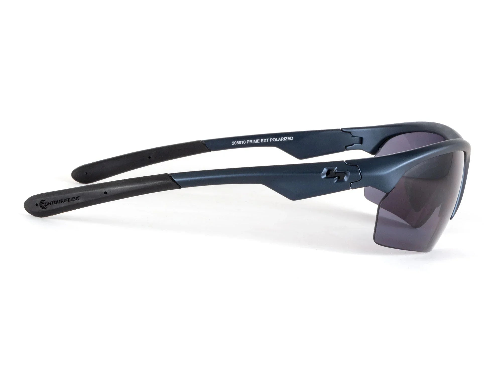Side view of navy blue polarized sports sunglasses with ContourFlex black arms