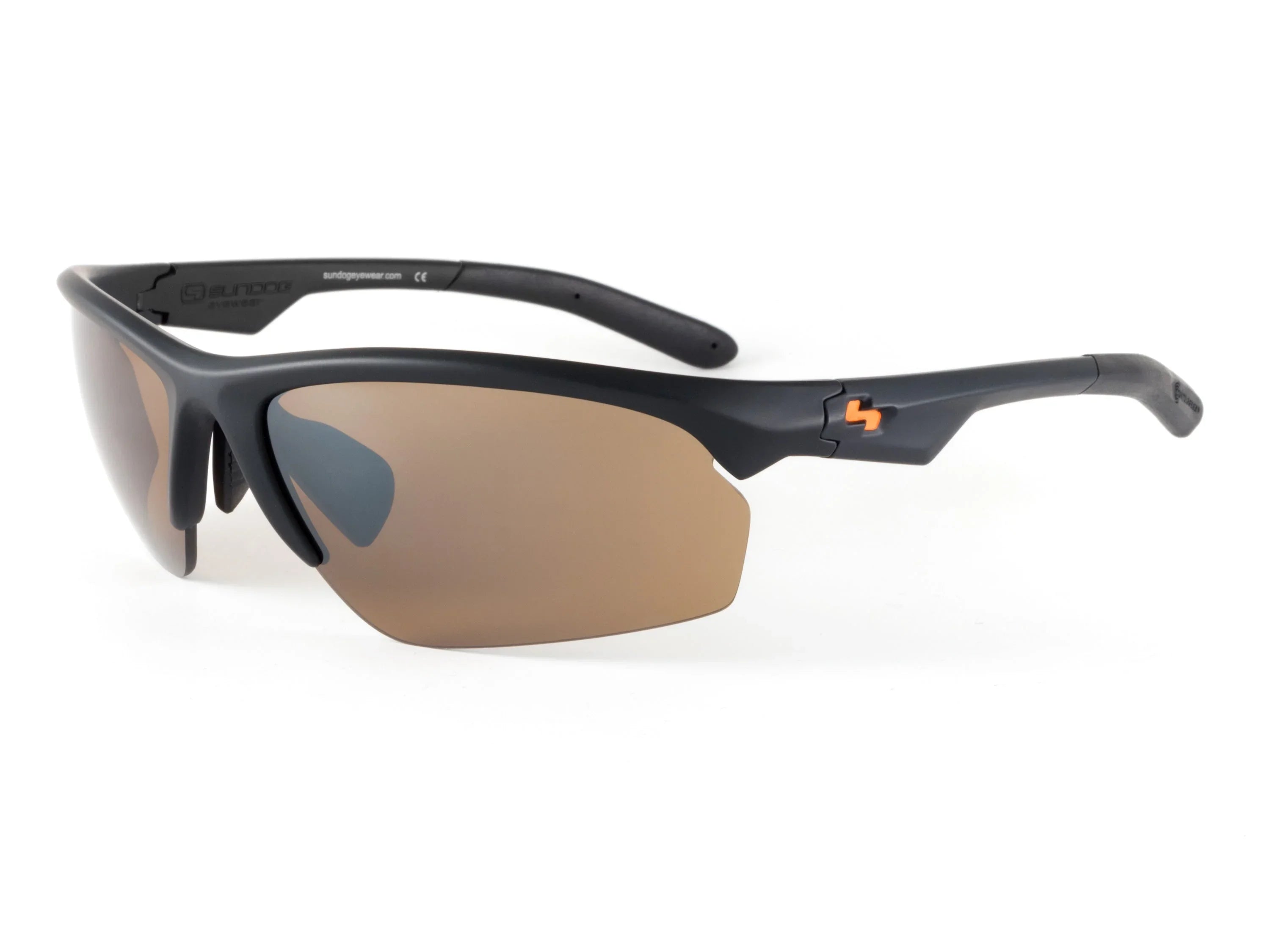 Black sport sunglasses with brown lenses and orange logo on white background