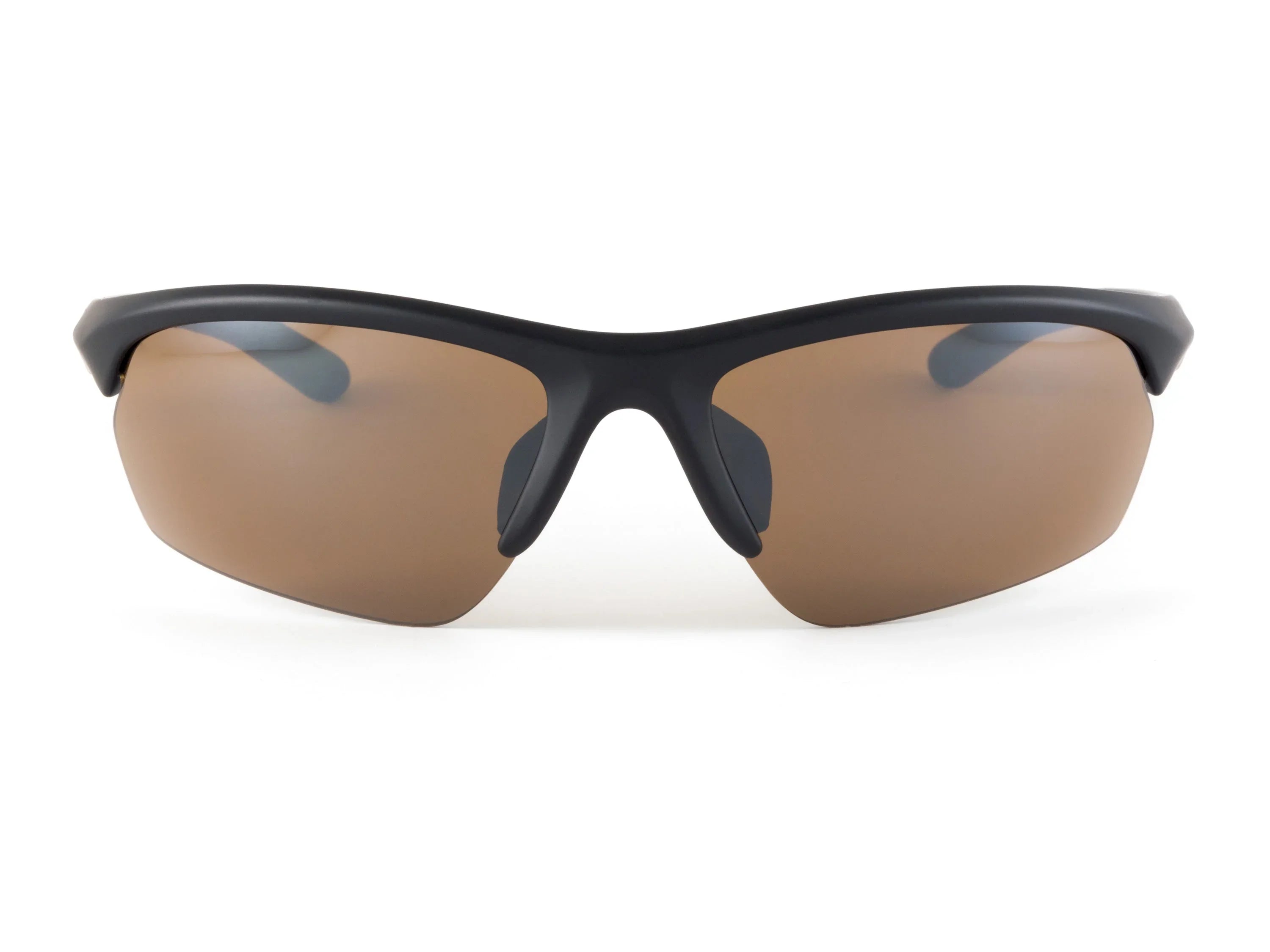 Sport sunglasses with black frame and brown lenses on white background