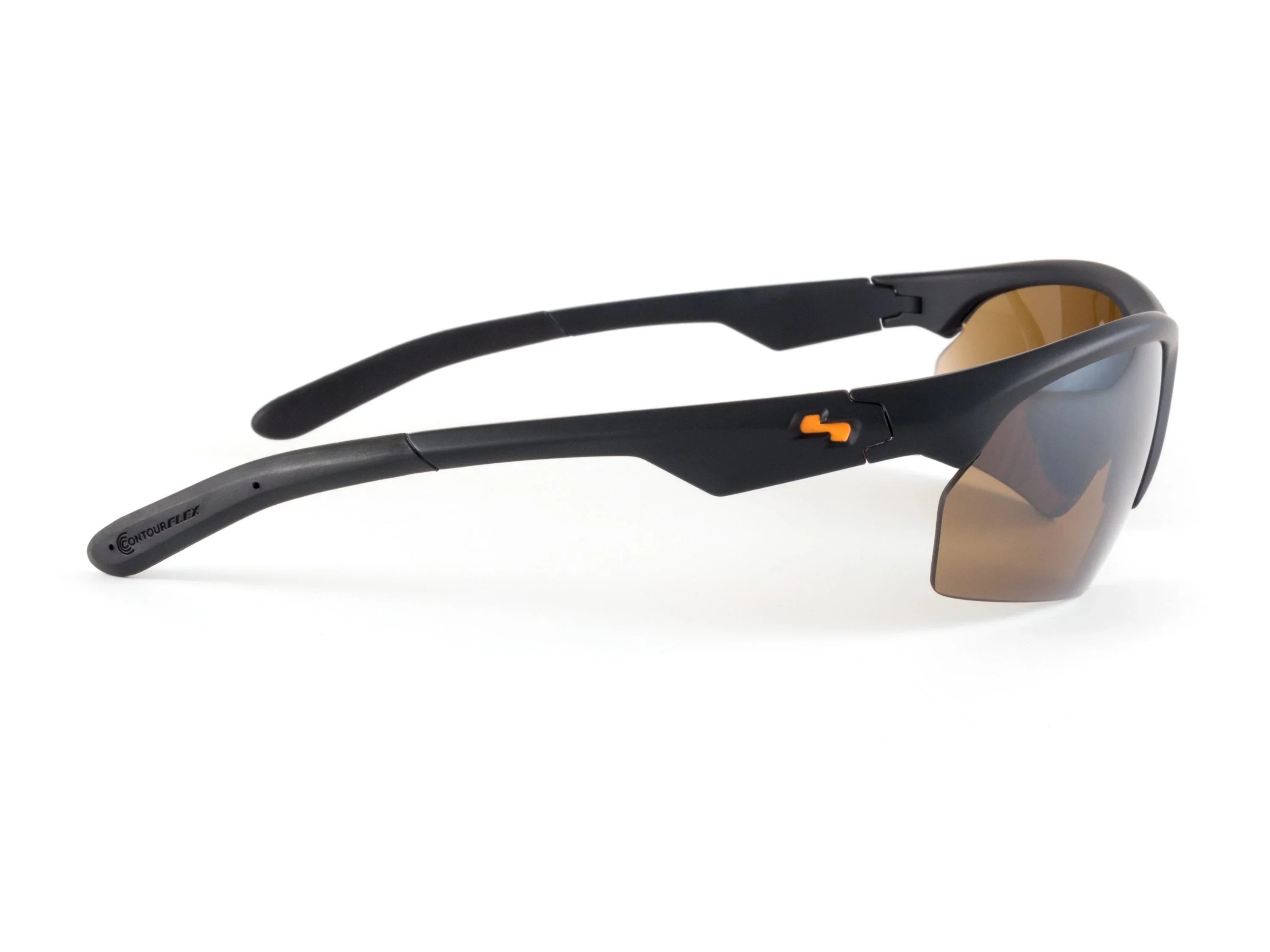 Matte black sports sunglasses with brown semi-rimless lenses and orange accent logo
