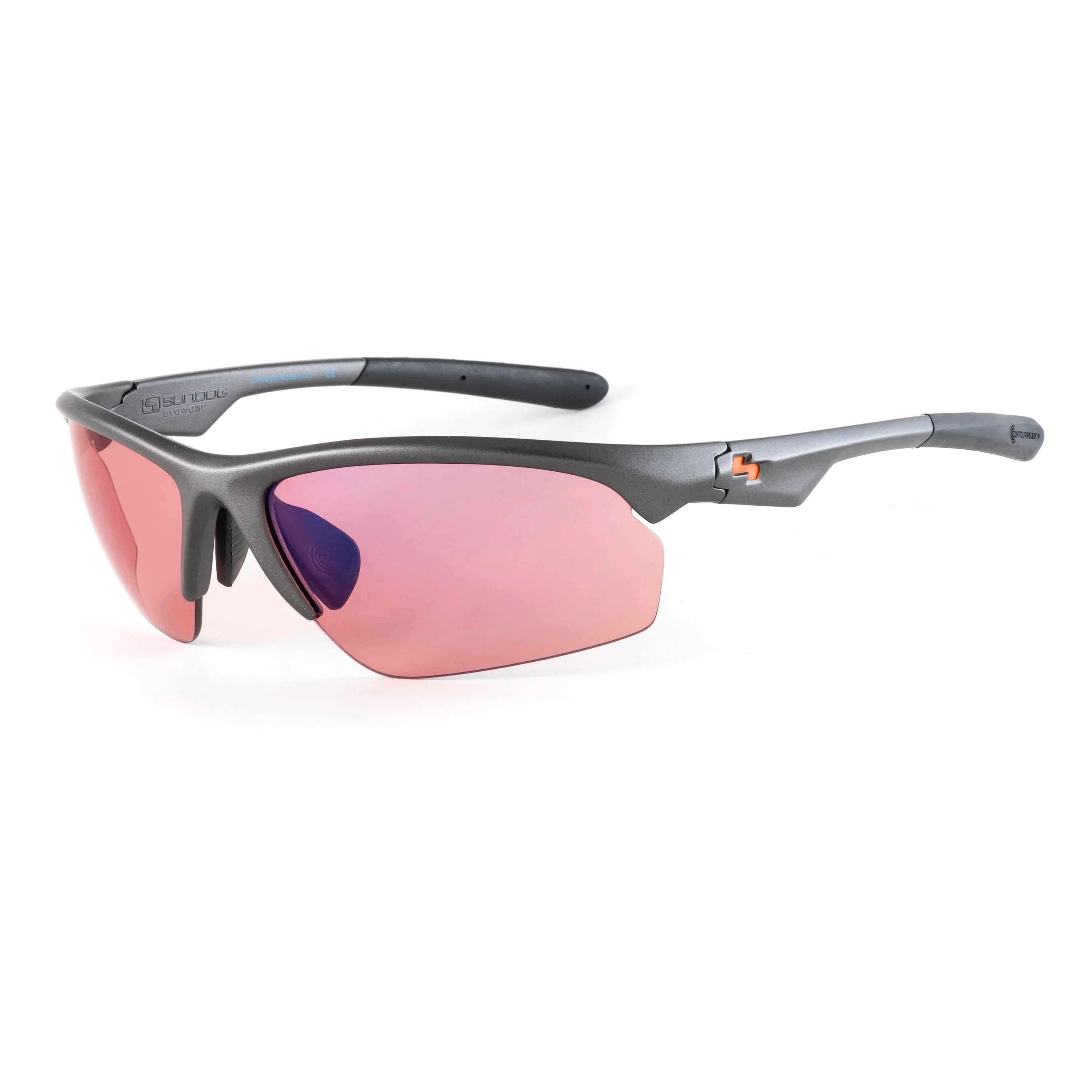 Sunglasses with matte gray frame and mirrored pink lenses on white background