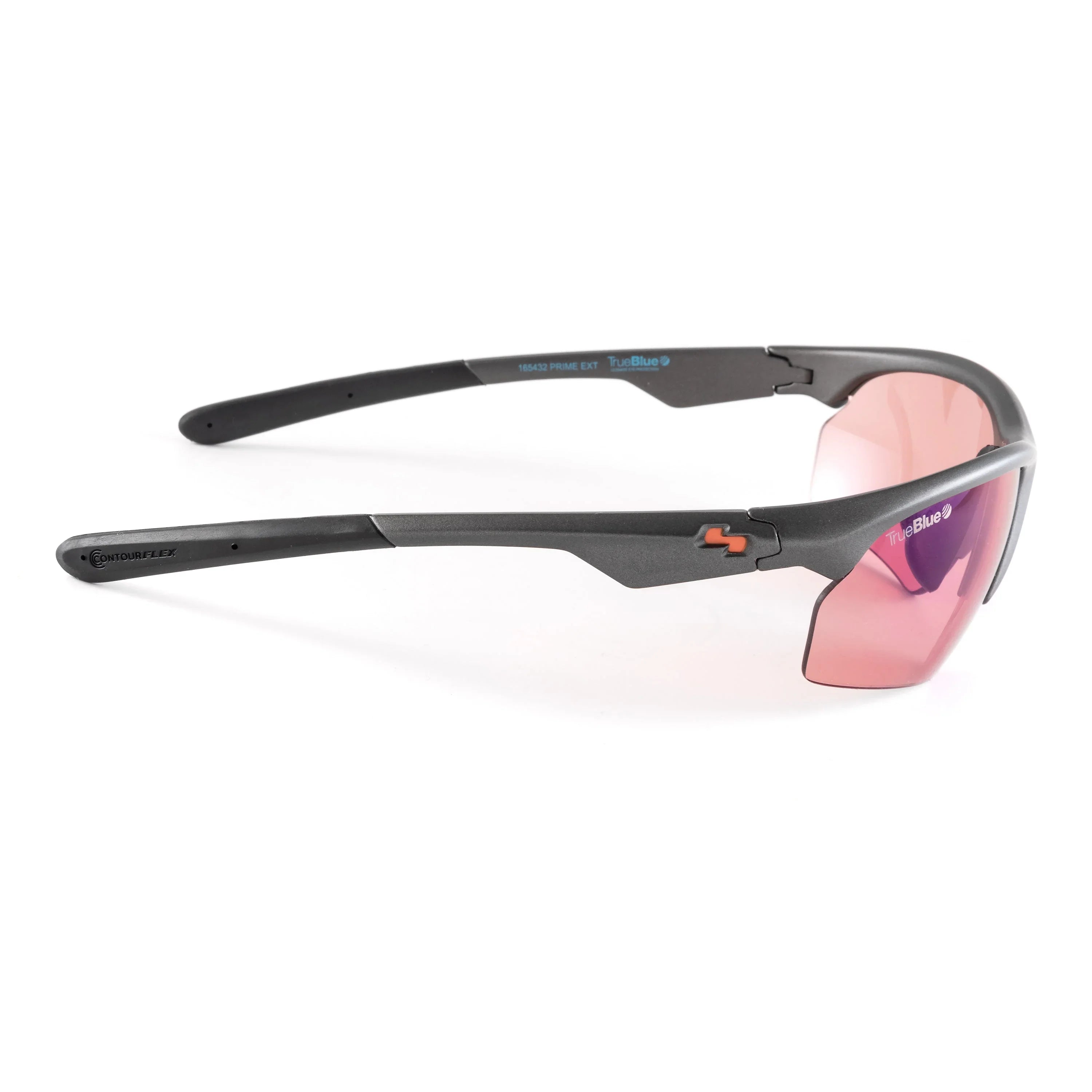 Black sports sunglasses with pink mirrored lens and TrueBlue logo, side view