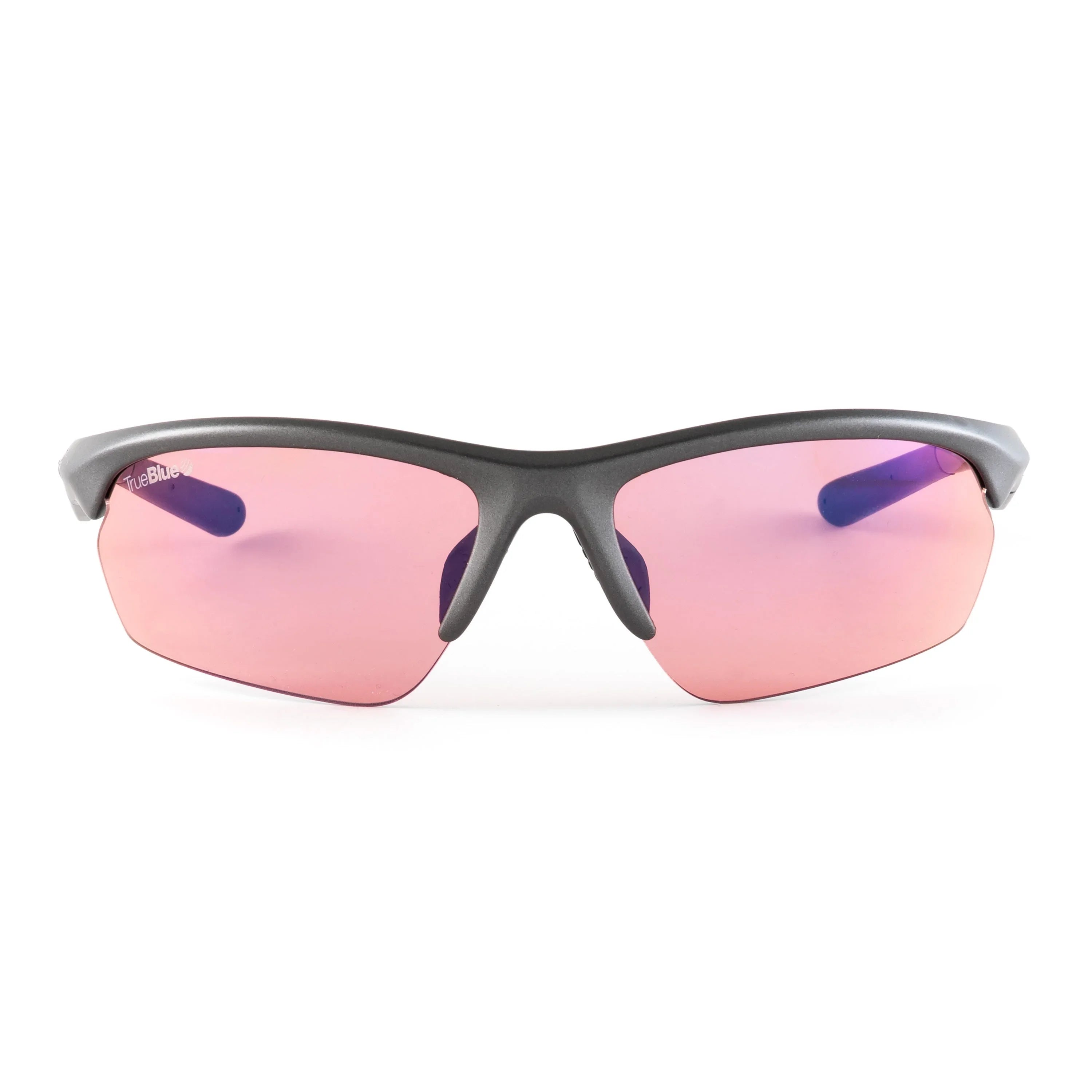 Gray sports sunglasses with pink lenses and TrueBlue branding, front view