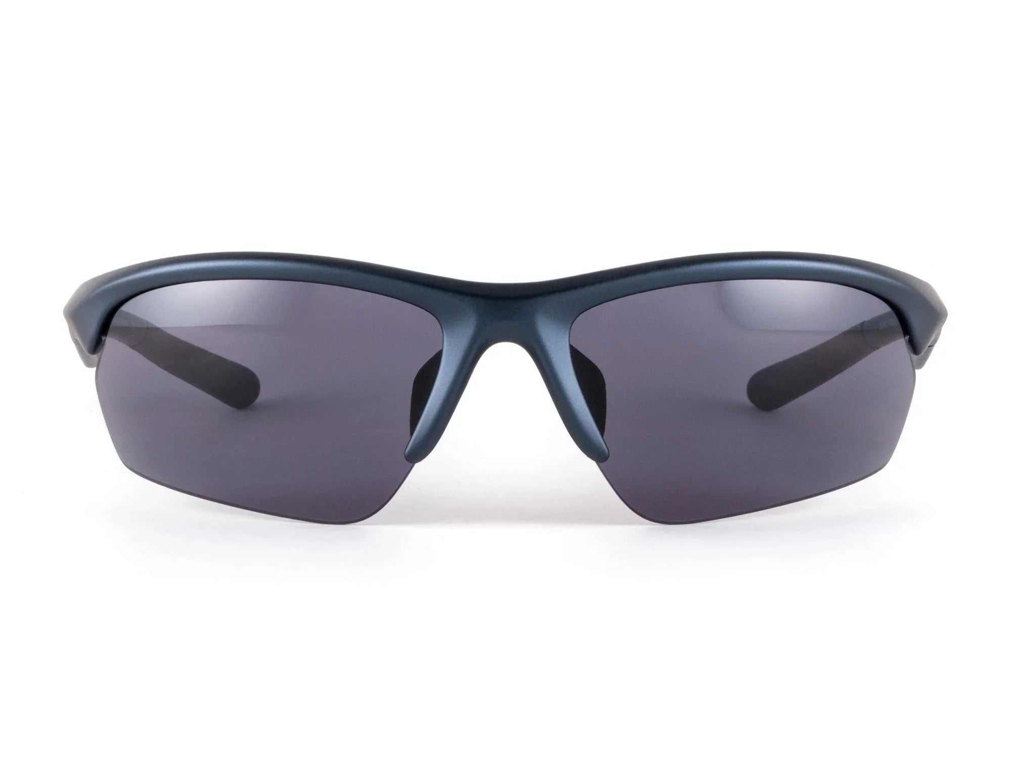 Black wraparound sports sunglasses with dark polarized lenses on white background