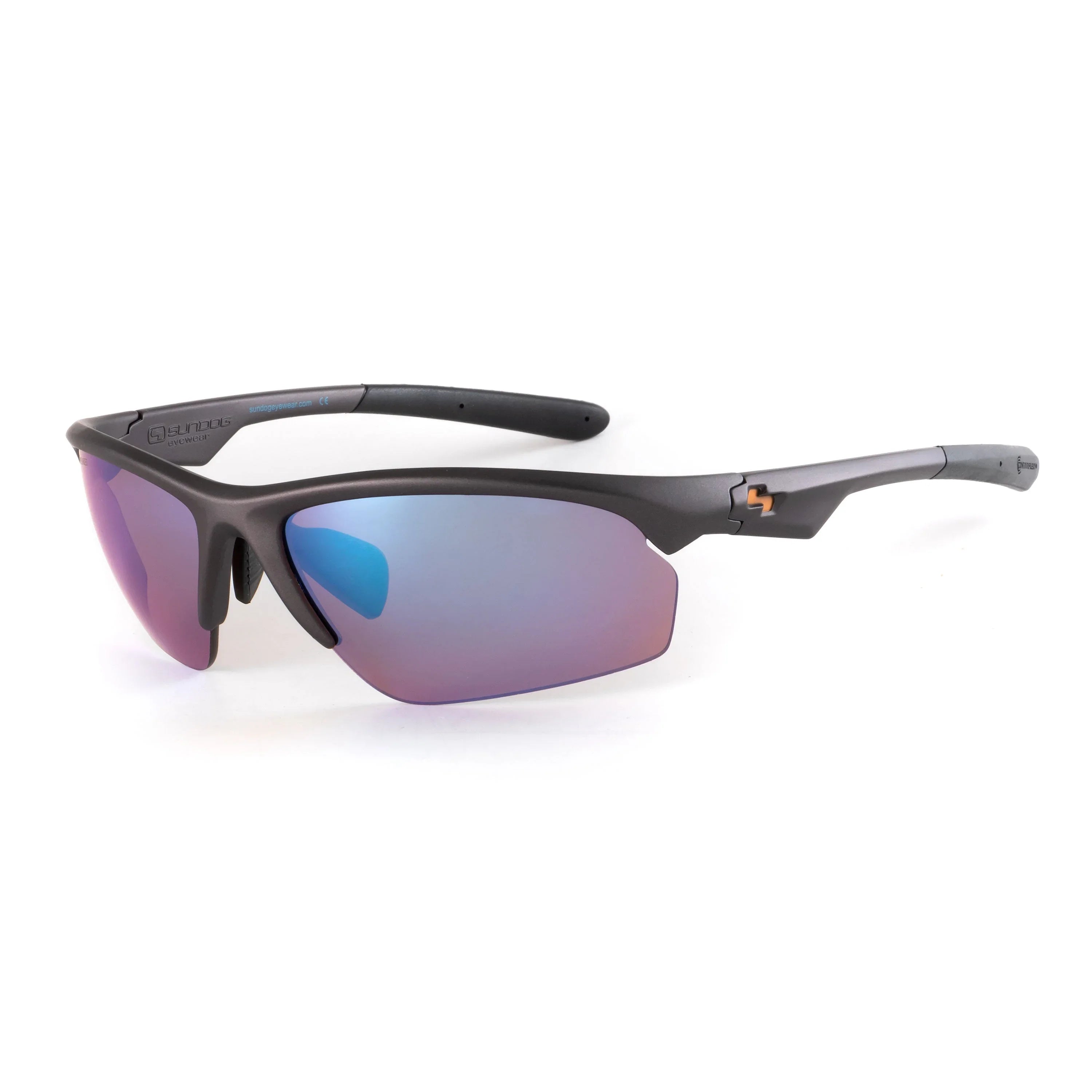 Sport sunglasses with black frame and blue mirrored lenses on white background