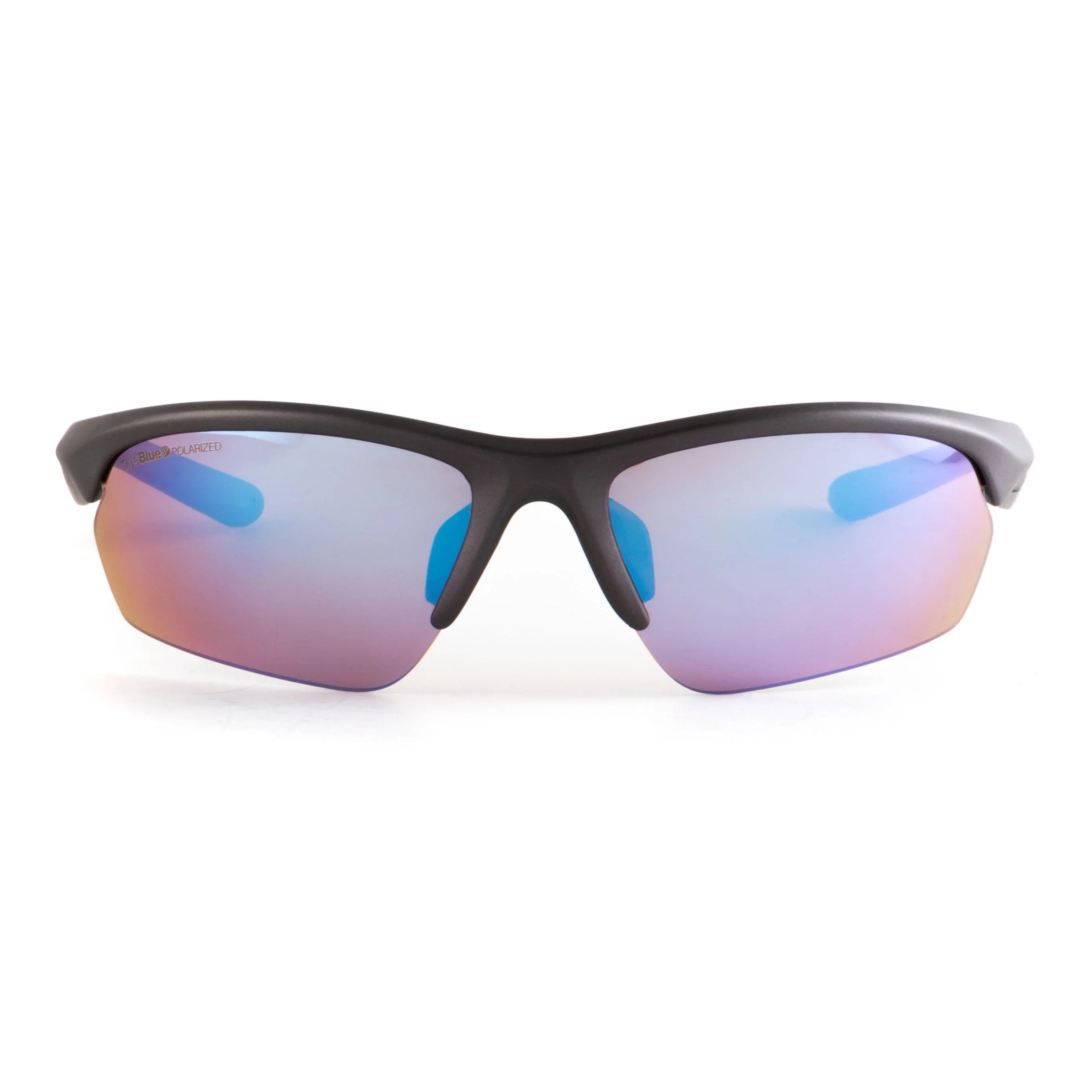 Sport sunglasses with matte black frame and blue mirrored polarized lenses on white background