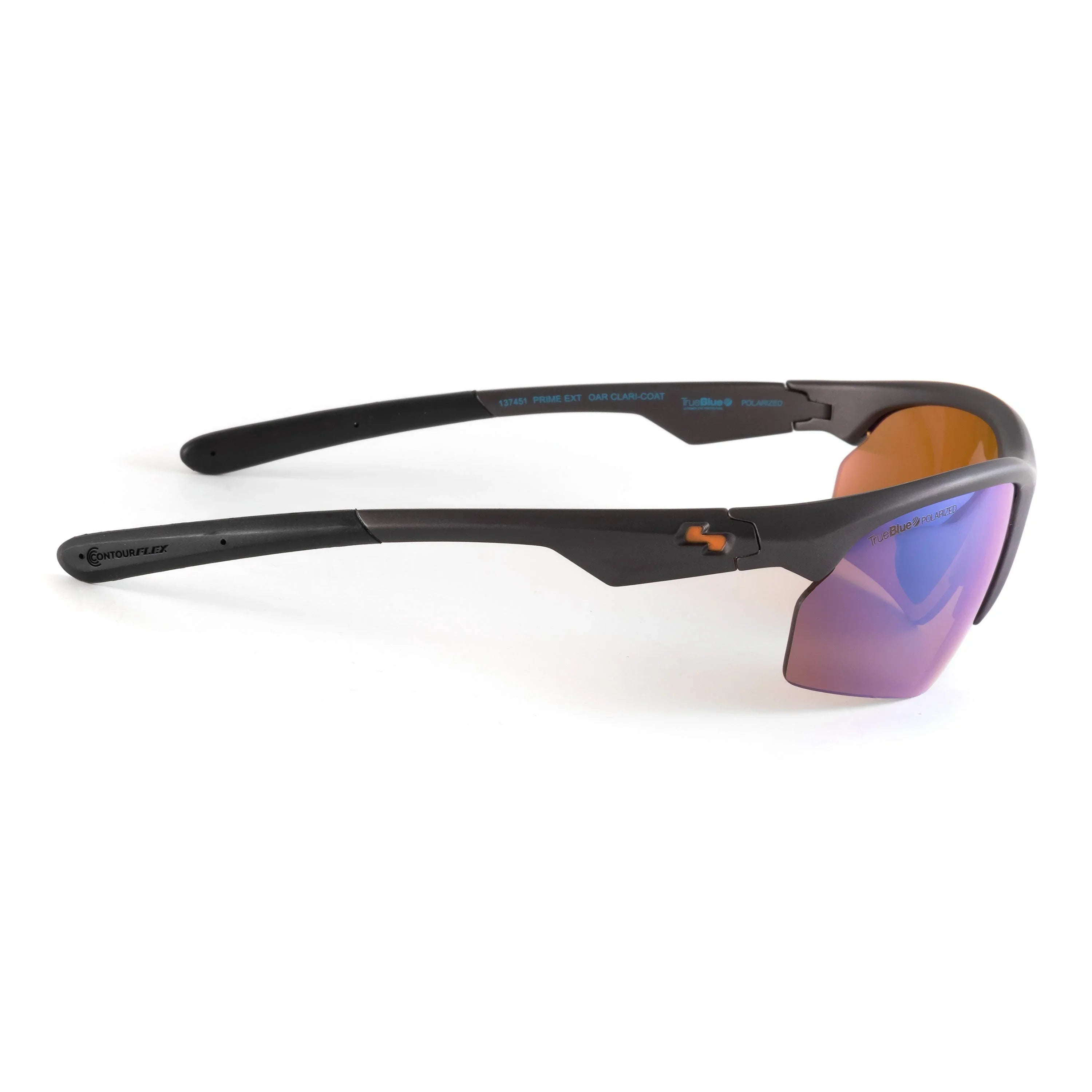 Black sports sunglasses with purple mirrored lenses and side logo on white background