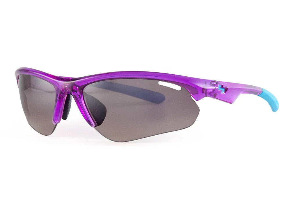 Purple sports sunglasses with gray lenses and light blue tips on white background