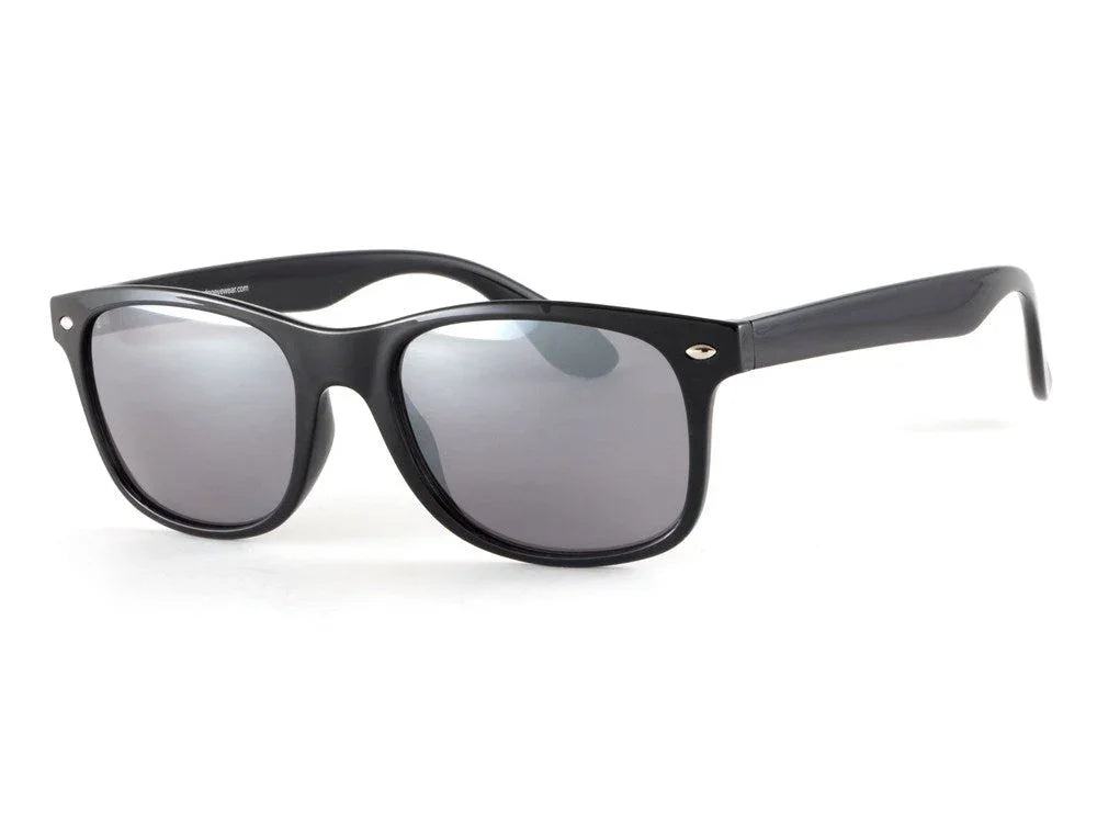 Black wayfarer sunglasses with mirrored lenses on white background