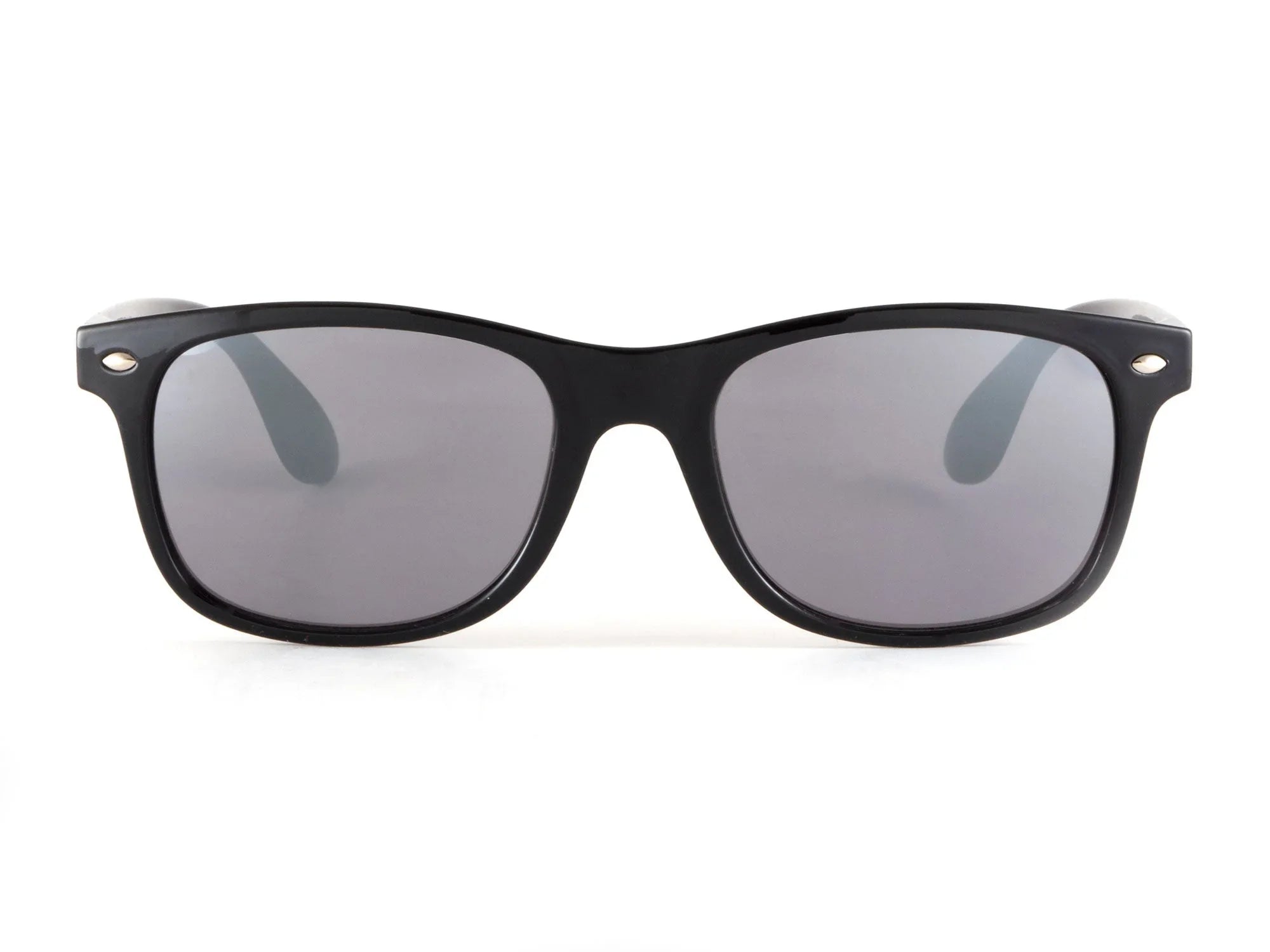 Black wayfarer sunglasses with dark lenses on white background