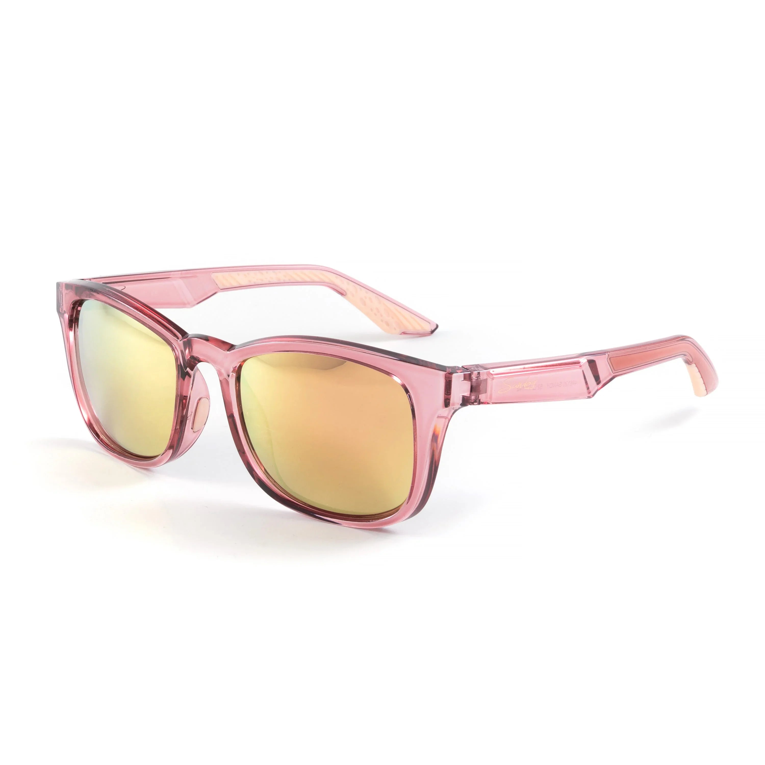 Pink transparent sunglasses with gold mirrored lenses on white background