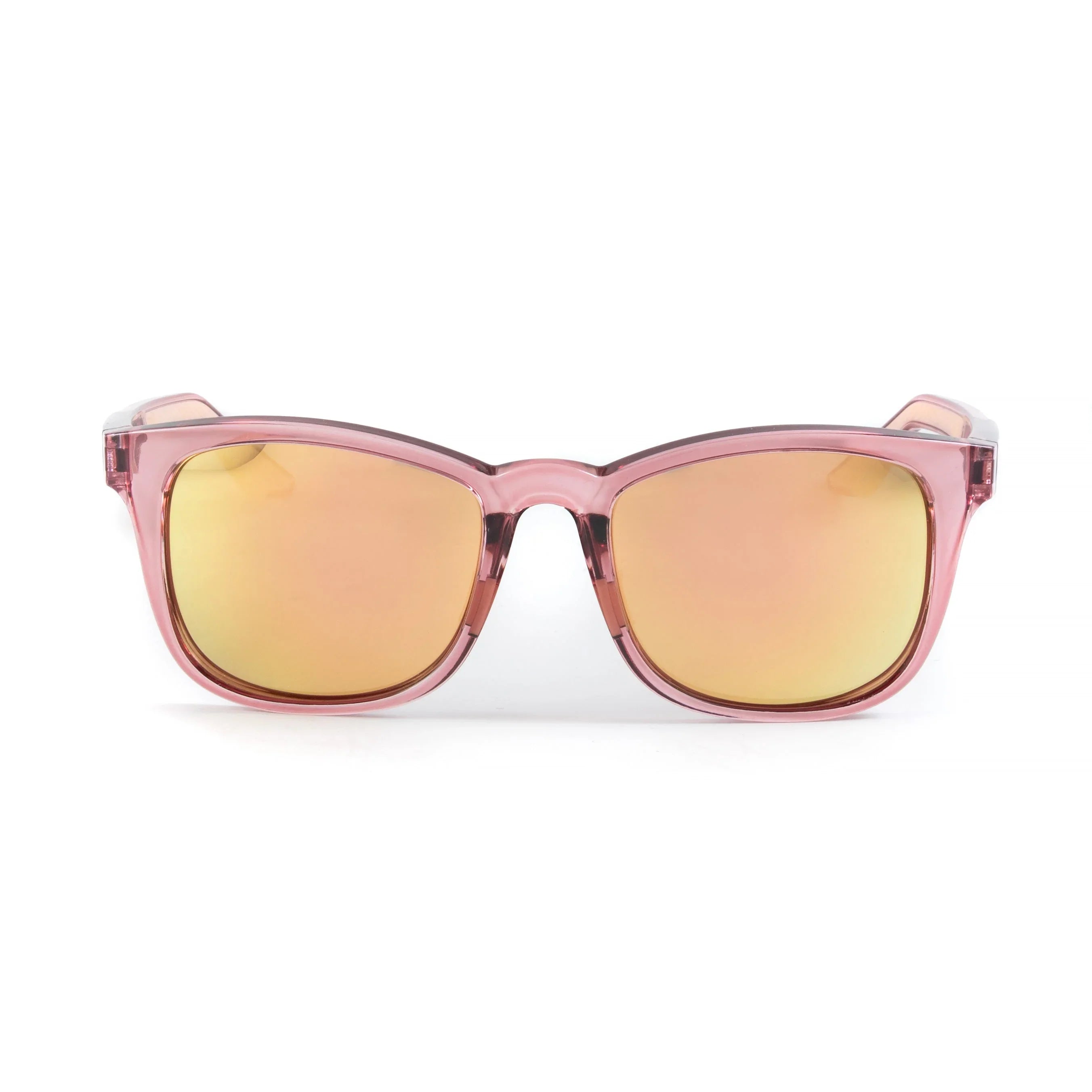 Pink wayfarer sunglasses with mirrored gold lenses on white background