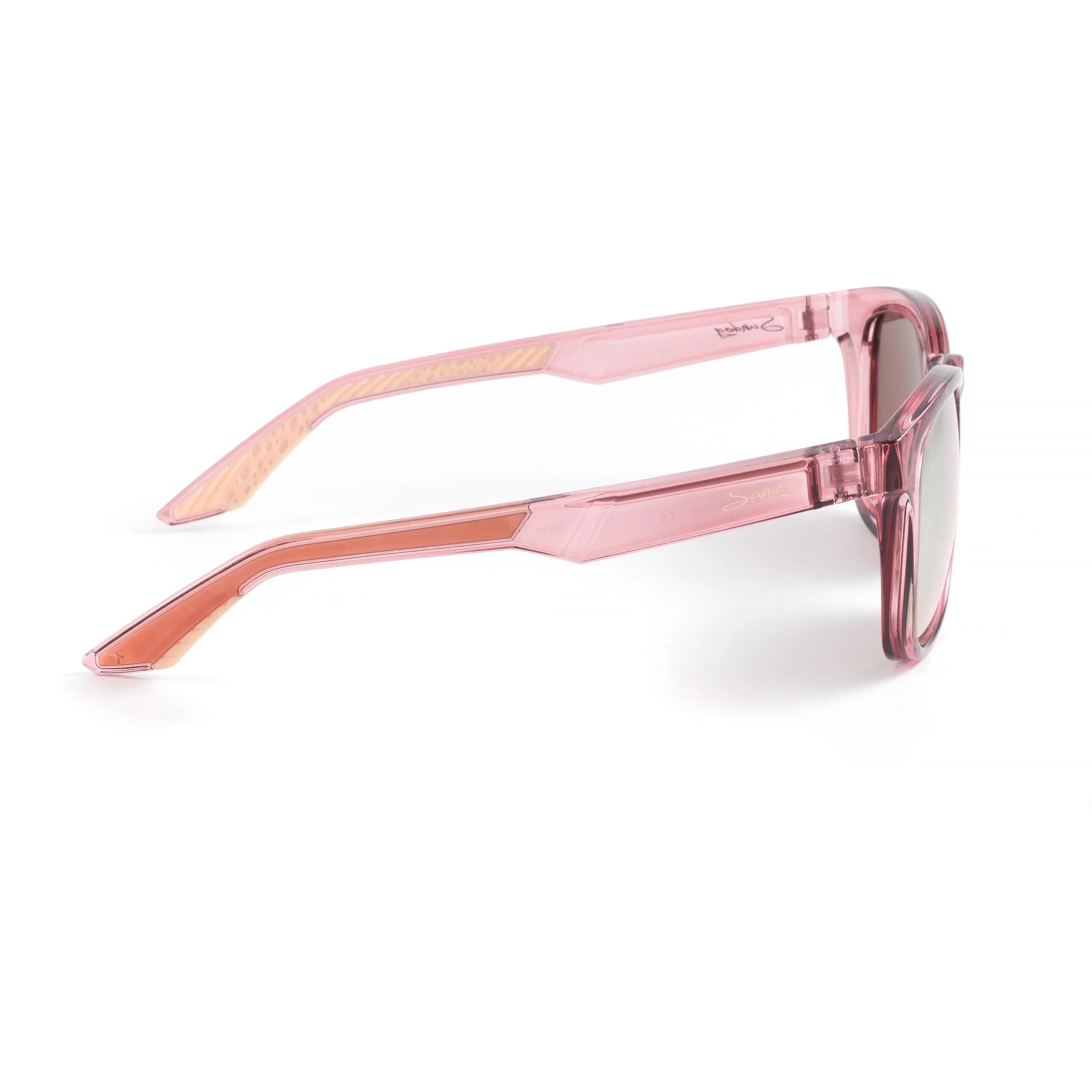 Pink transparent sunglasses with square frame and tinted lenses on white background