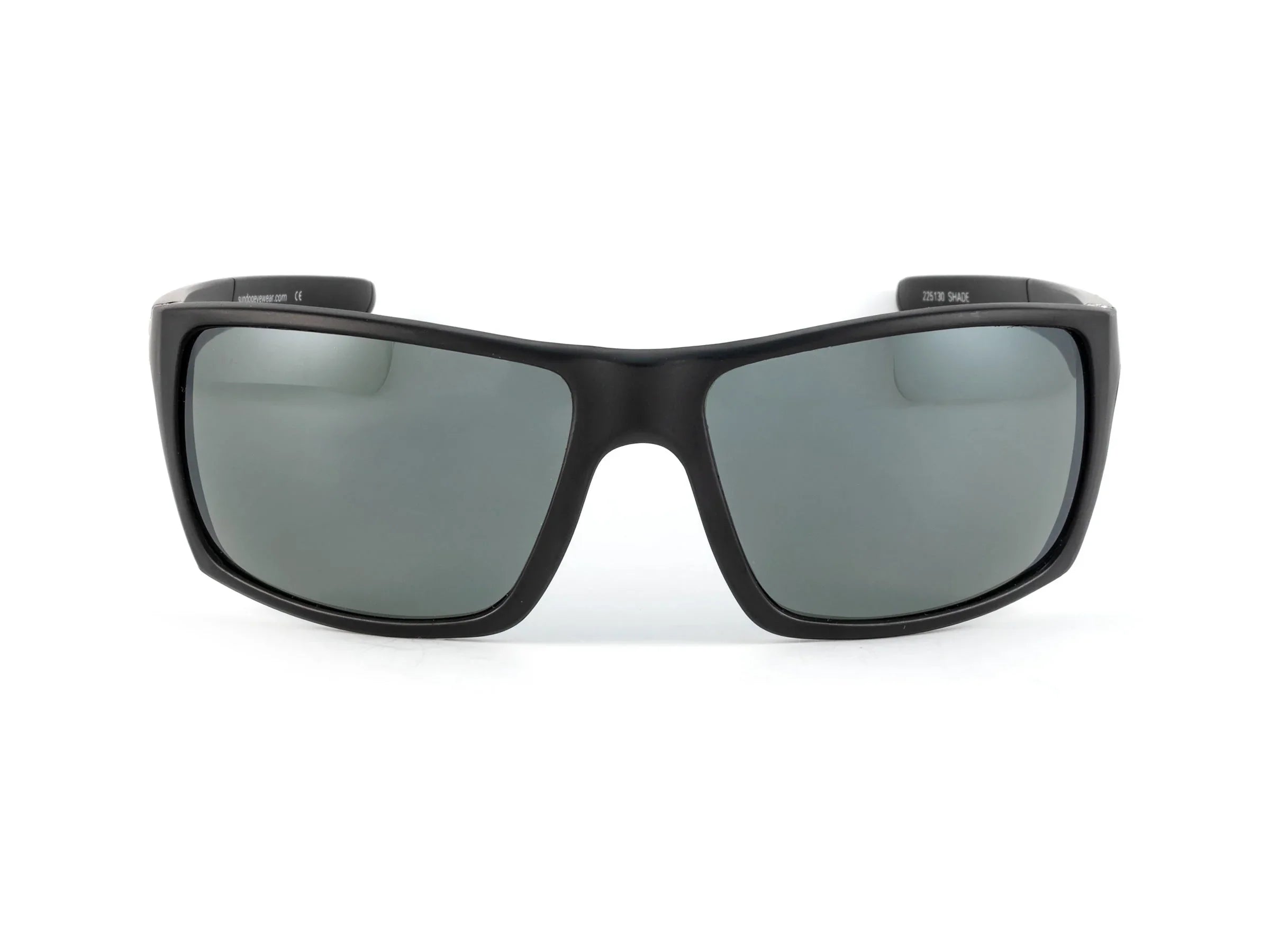 Black rectangular sunglasses with dark polarized lenses on white background