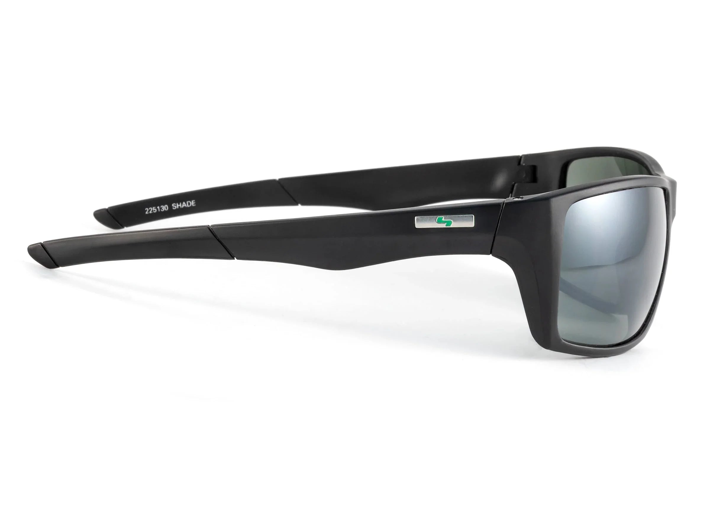 Matte black wraparound sunglasses with mirrored lenses and a silver green logo on the arm