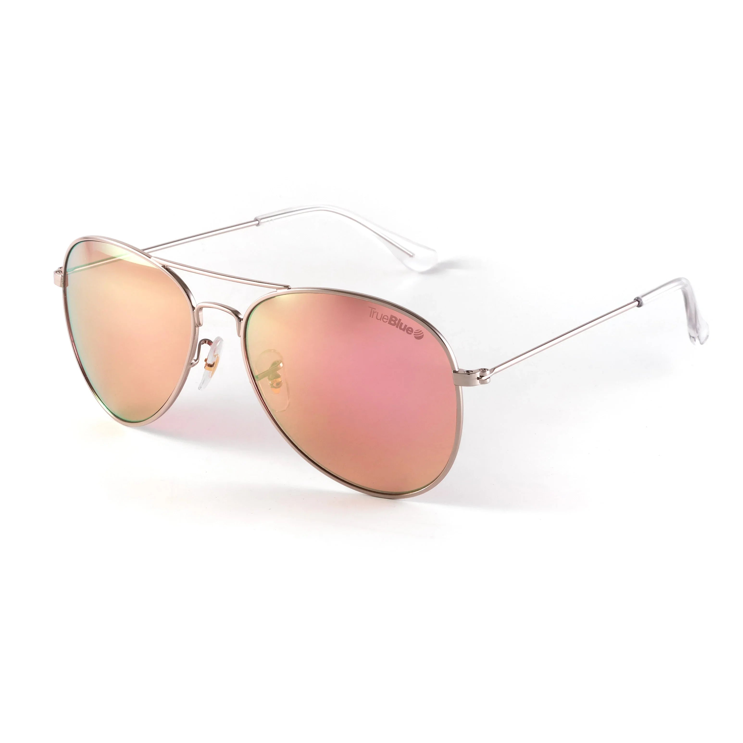 Aviator sunglasses with pink mirrored lenses and silver metal frame on white background