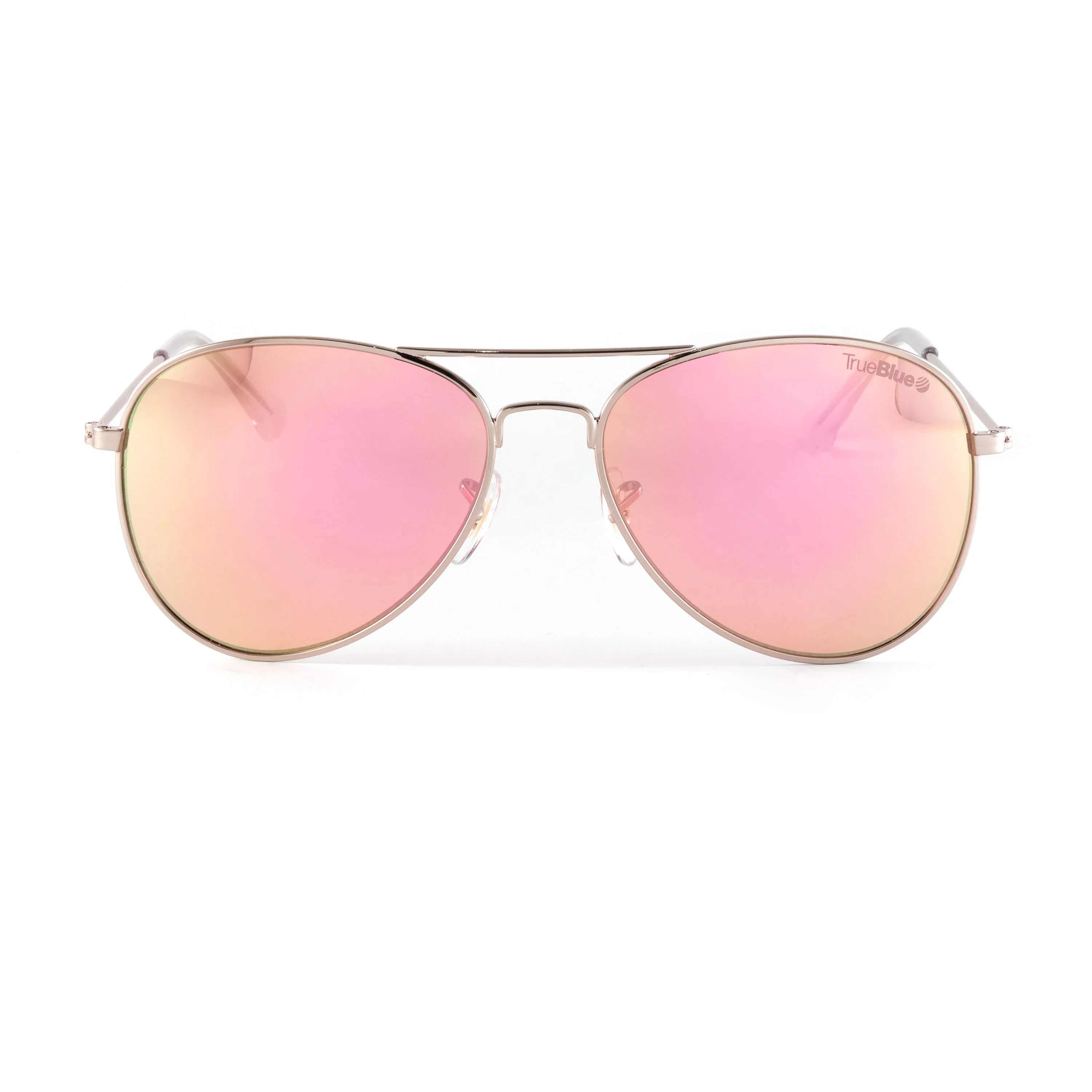 Aviator sunglasses with pink mirrored lenses and thin metal frame on white background
