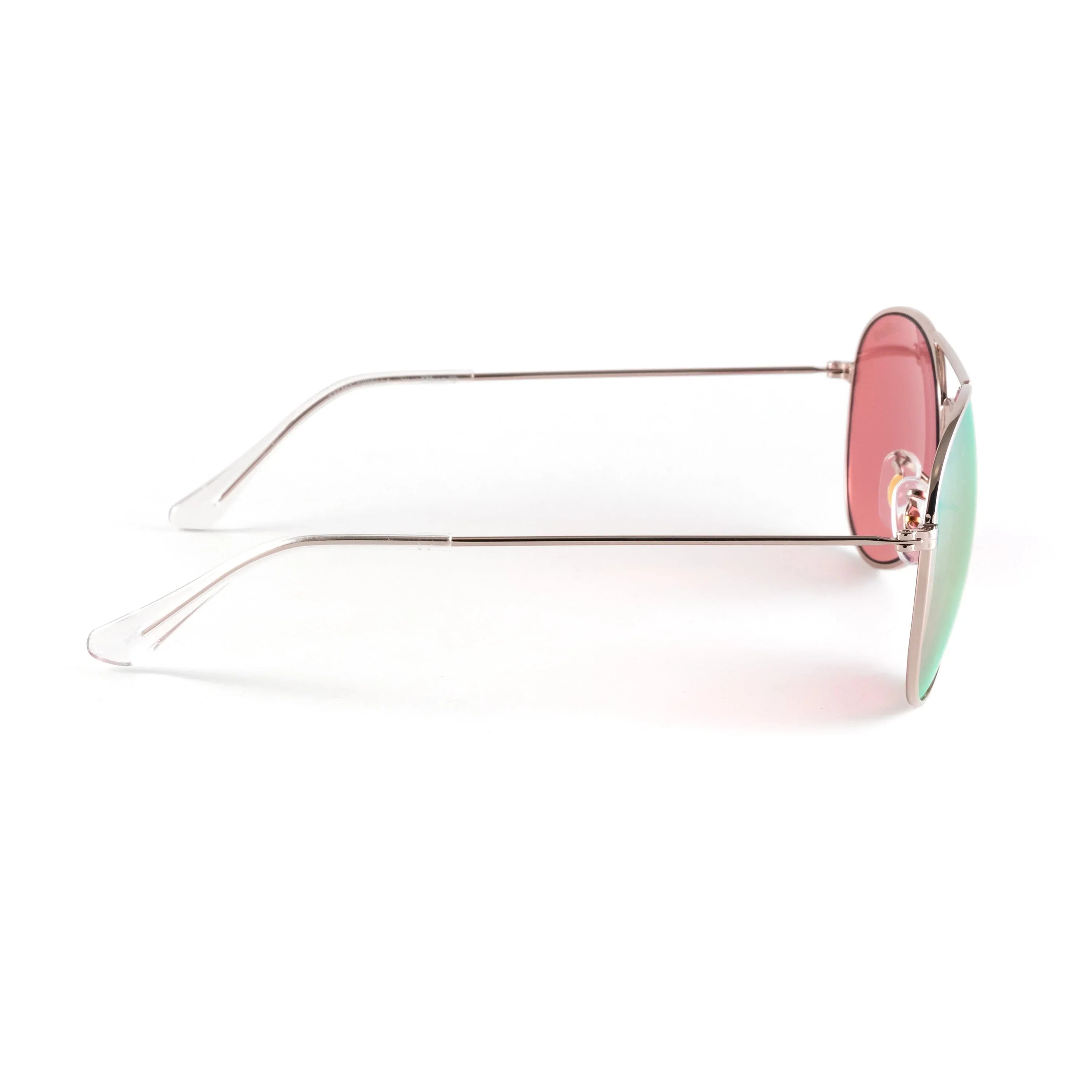 Side view of pink-lens aviator sunglasses with thin silver metal frame on white background