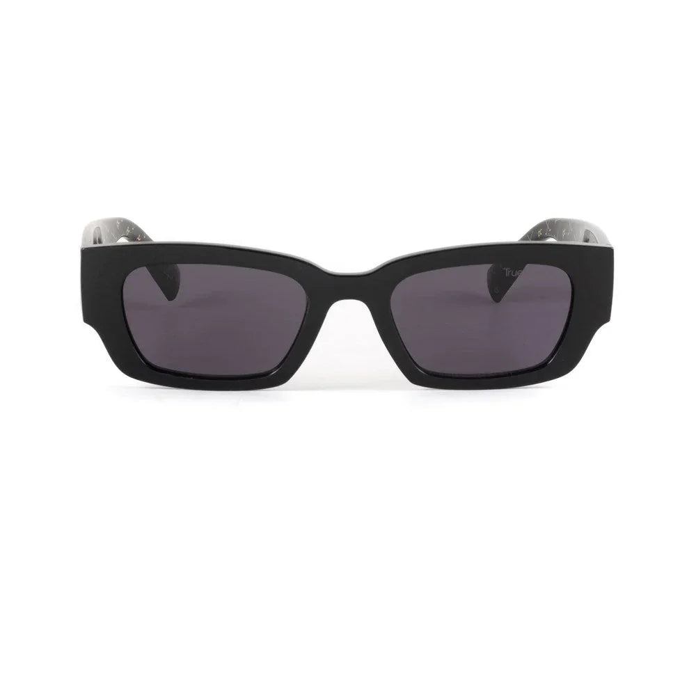 Black rectangular sunglasses with dark lenses on white background