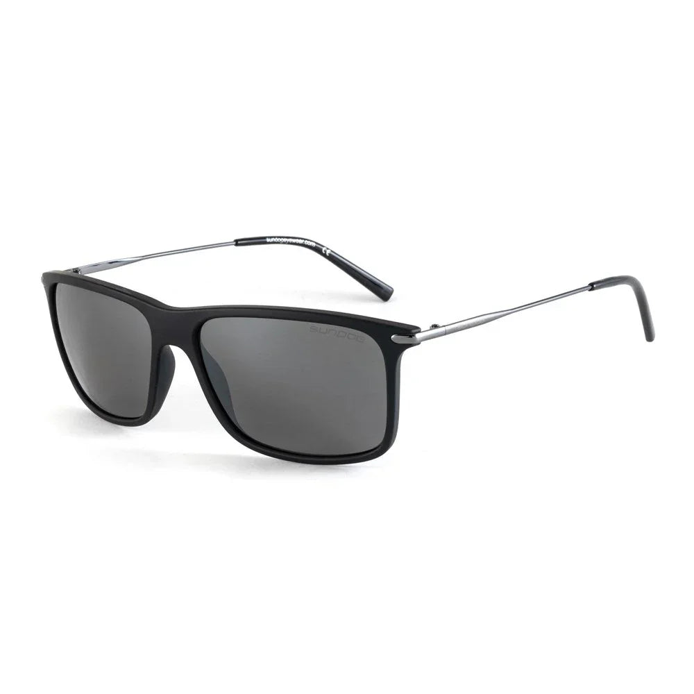 Black square aviator sunglasses with metal arms and dark polarized lenses on white background