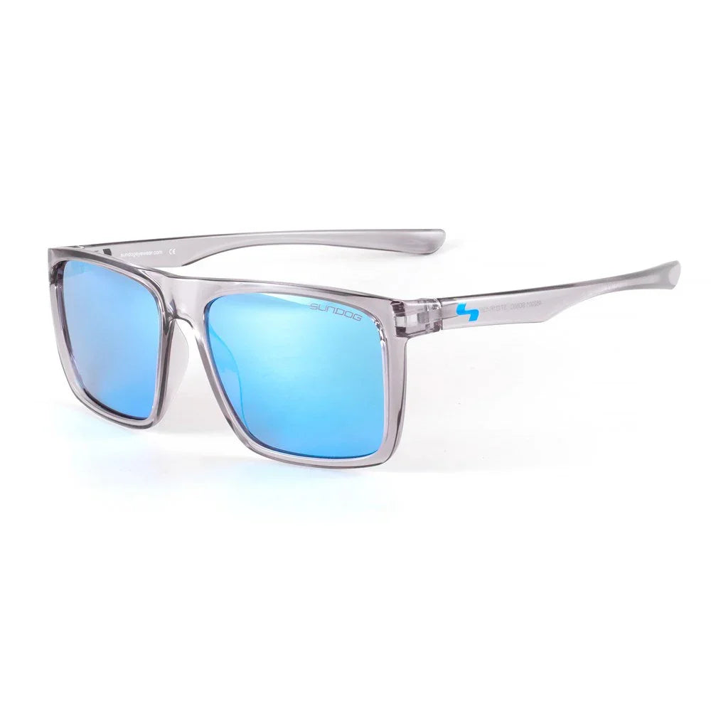 Sundog sunglasses with clear gray frame and blue mirrored lenses on white background