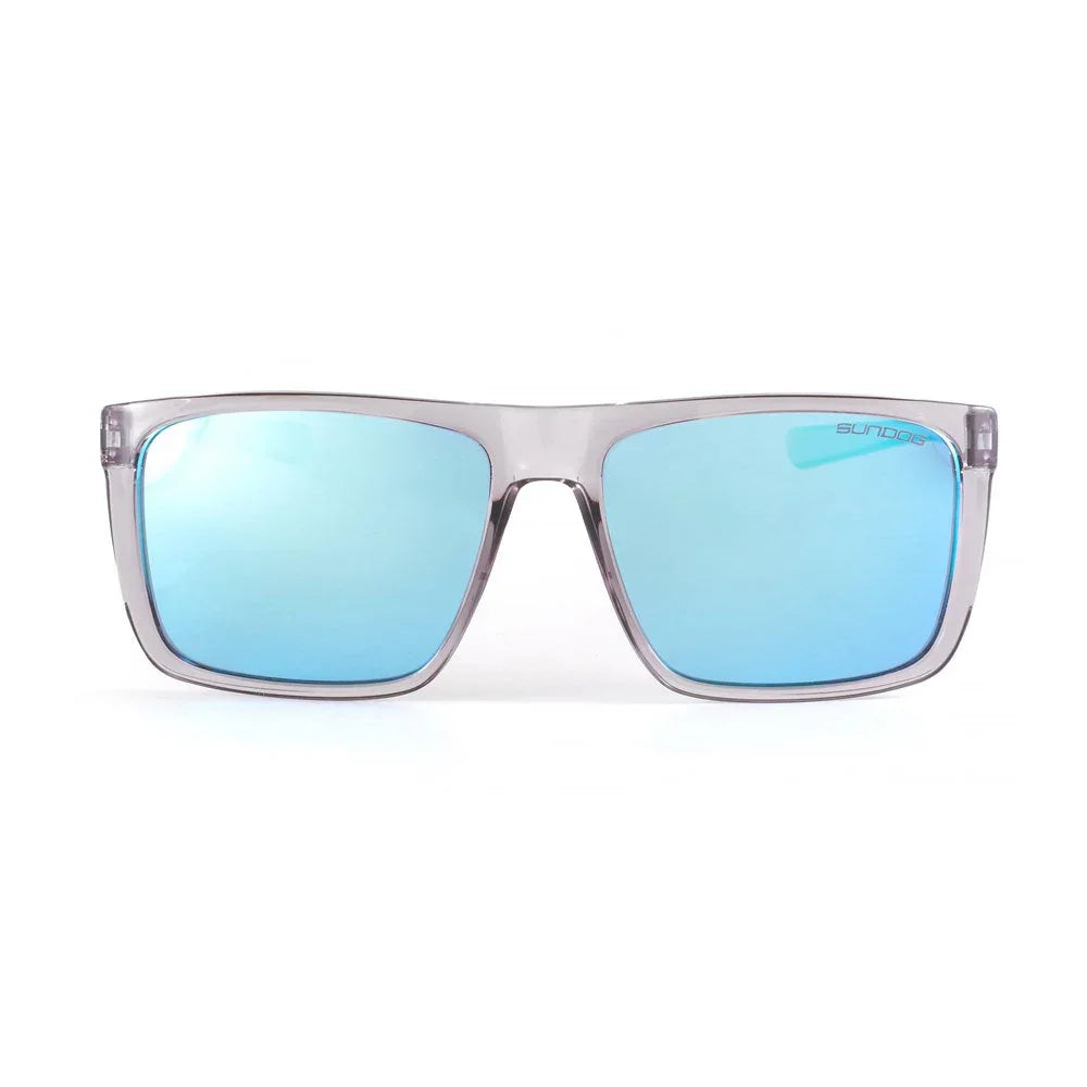 Sundog sunglasses with clear frame and blue mirrored lenses on white background