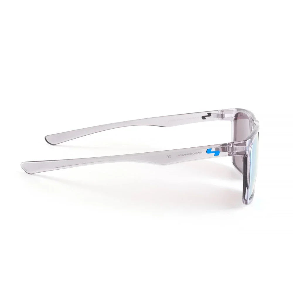 Clear frame sunglasses with blue logo on temple, side view, white background