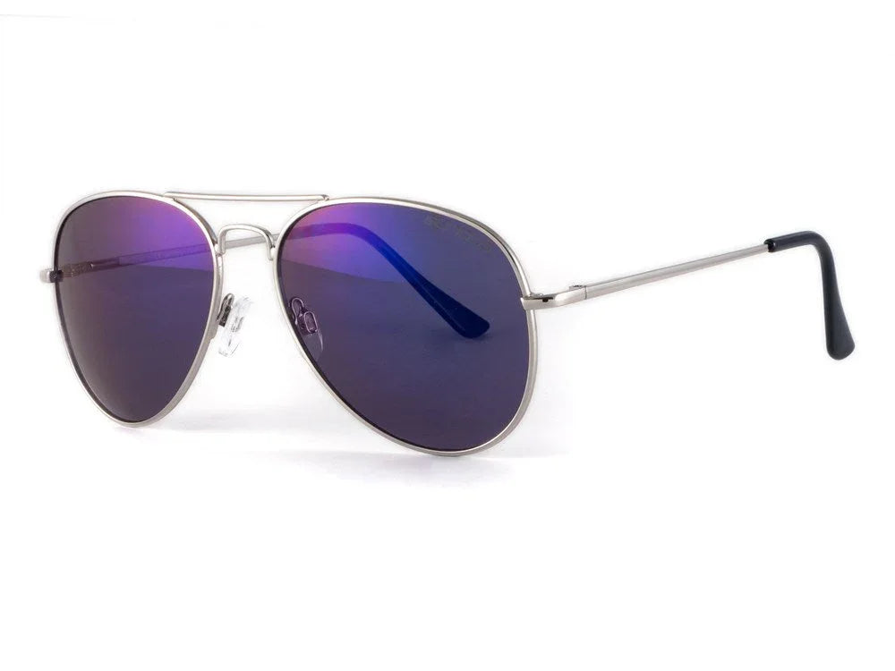 Aviator sunglasses with silver frame and purple tinted lenses on white background