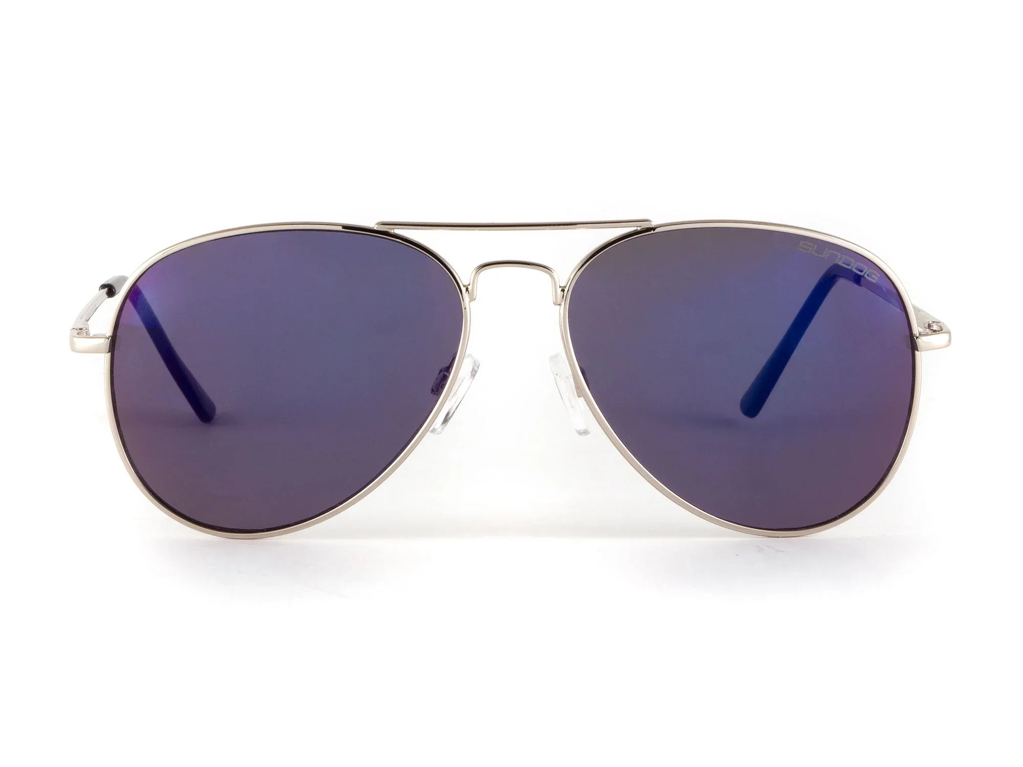 Aviator sunglasses with silver metal frame and dark blue lenses on white background