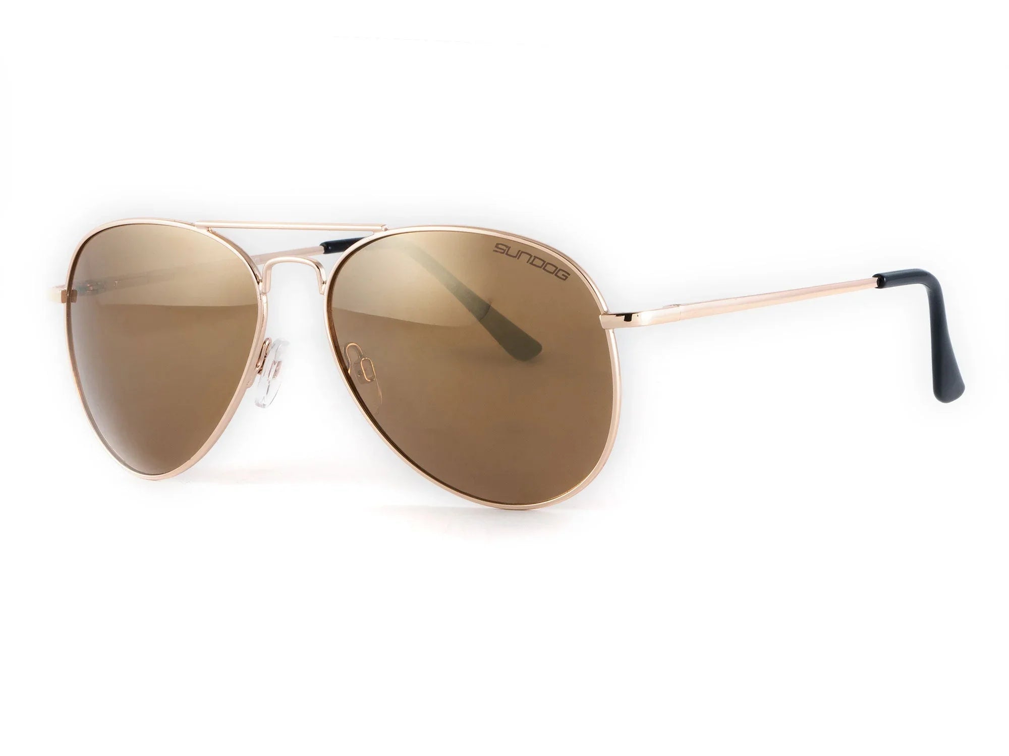 Gold aviator sunglasses with brown mirrored lenses and thin metal frame on white background