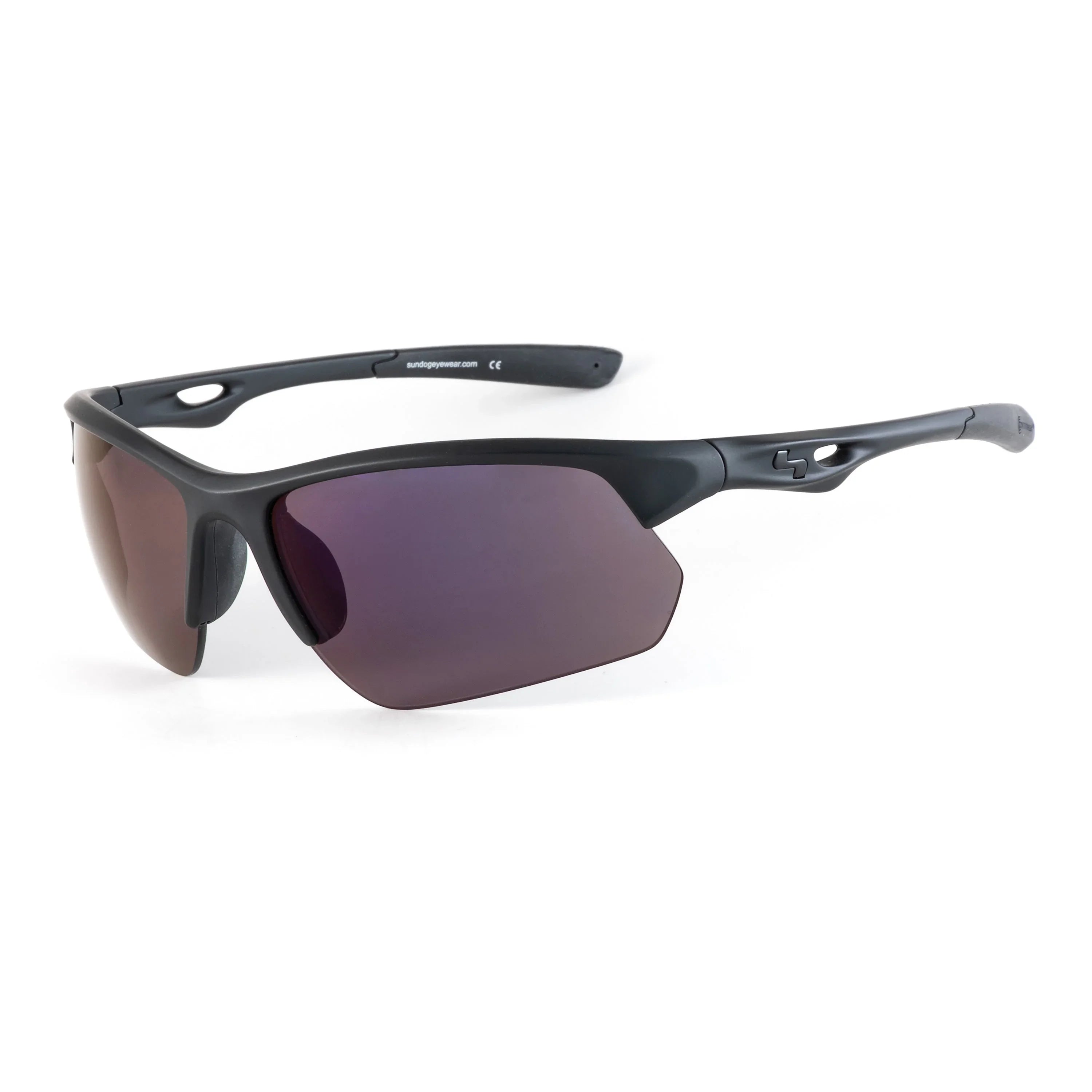 Matte black sports sunglasses with purple polycarbonate lenses on white background