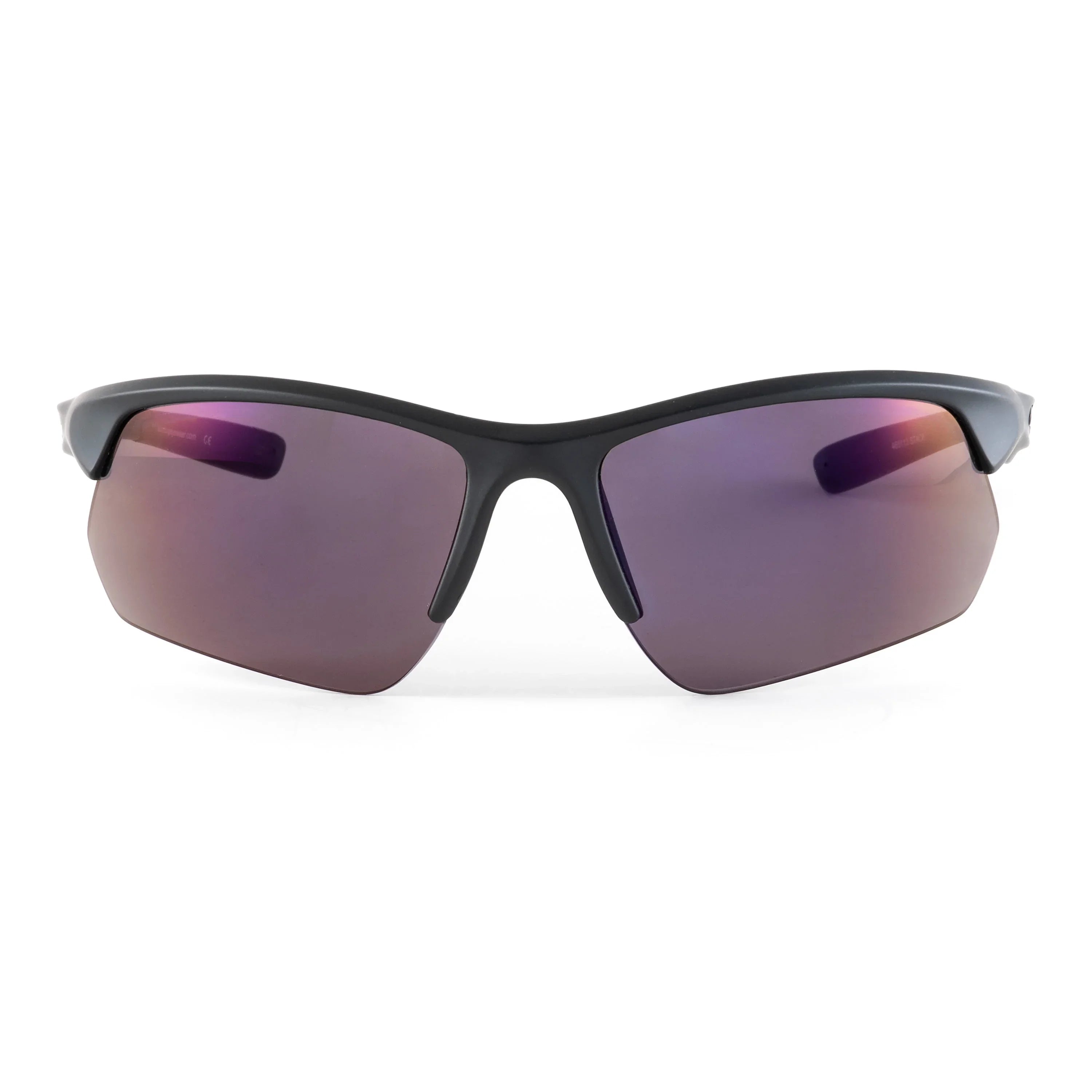 Sport sunglasses with black frame and purple mirrored lenses on white background
