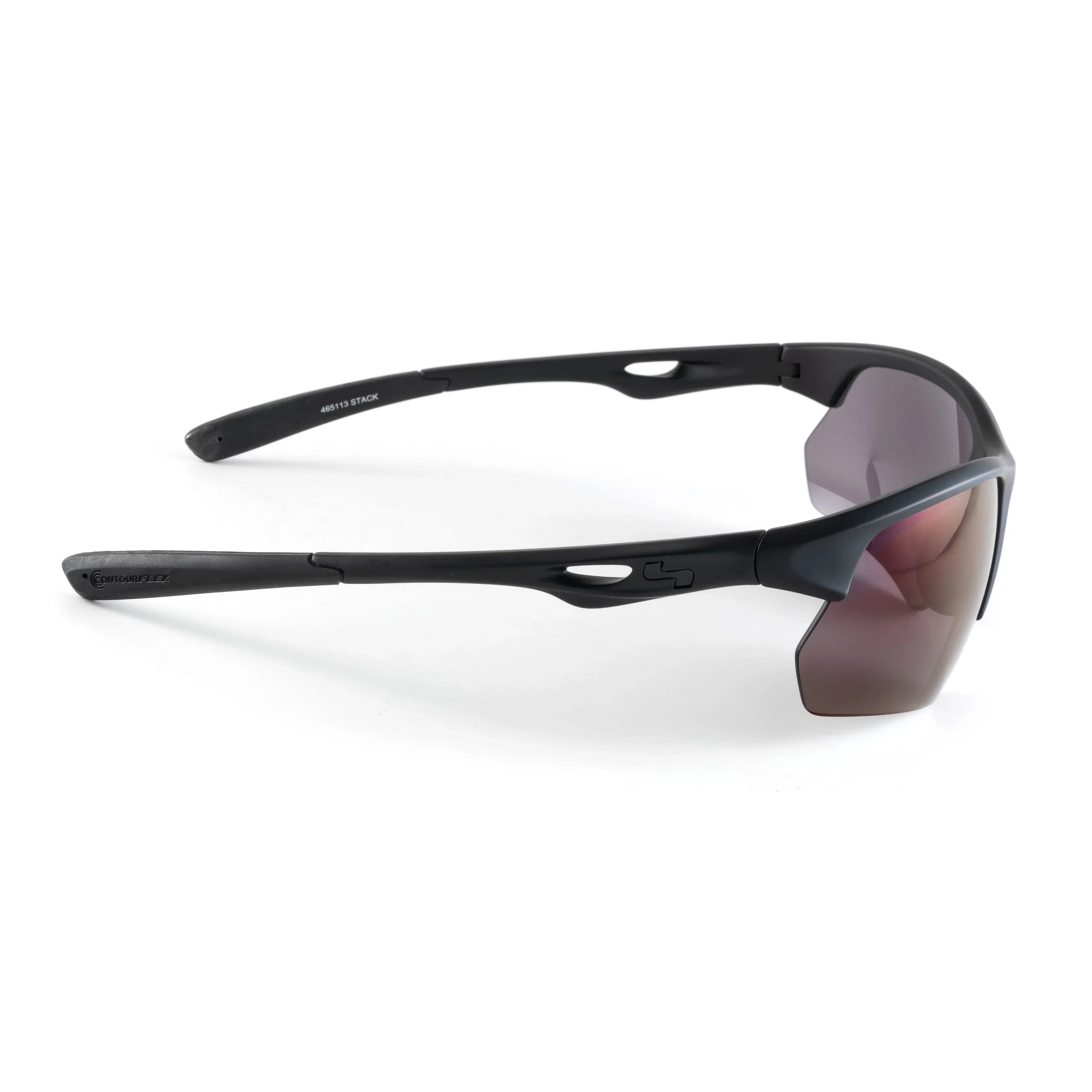 Black sports sunglasses with angular red mirrored lenses, side view on white background