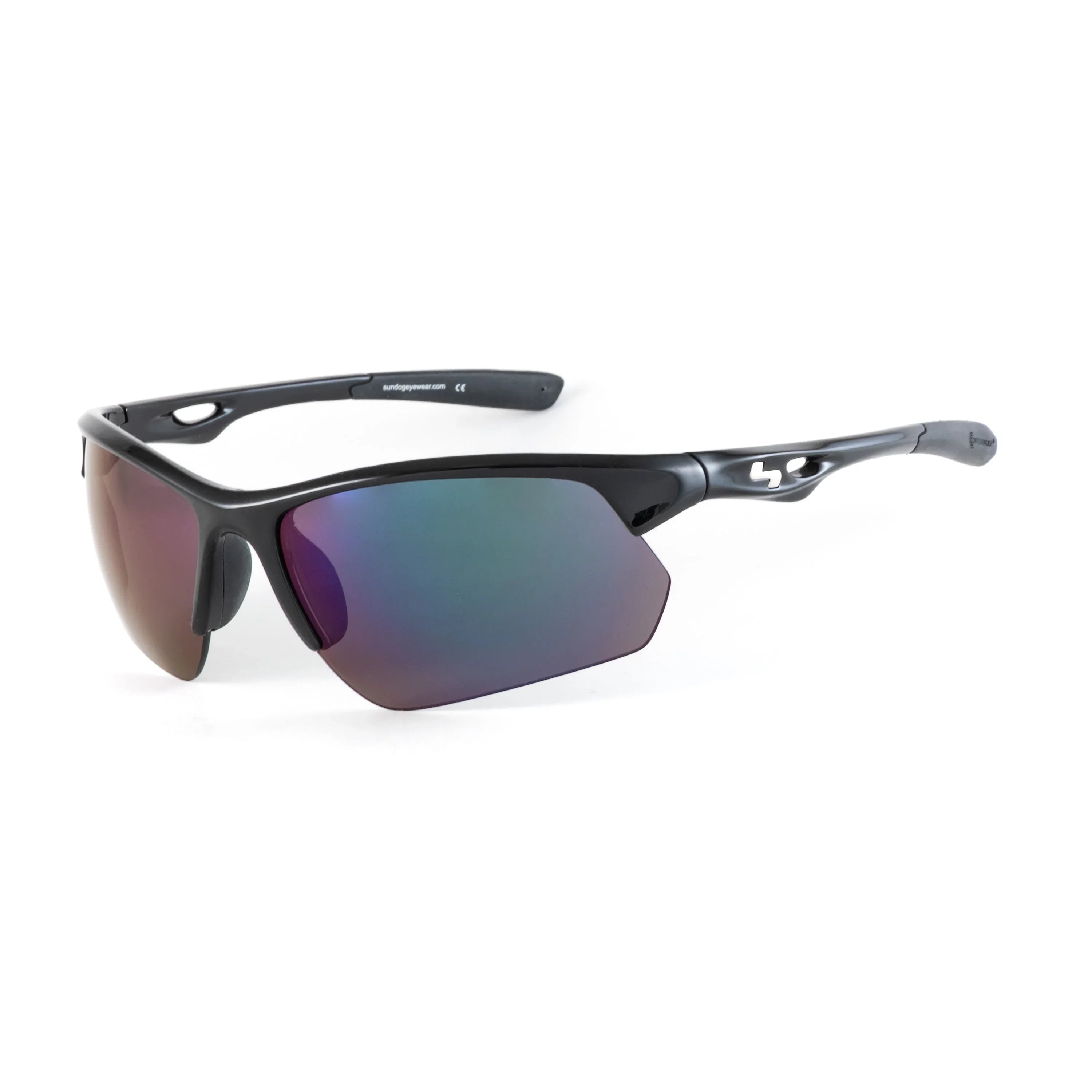 Black sport sunglasses with mirrored lenses on white background