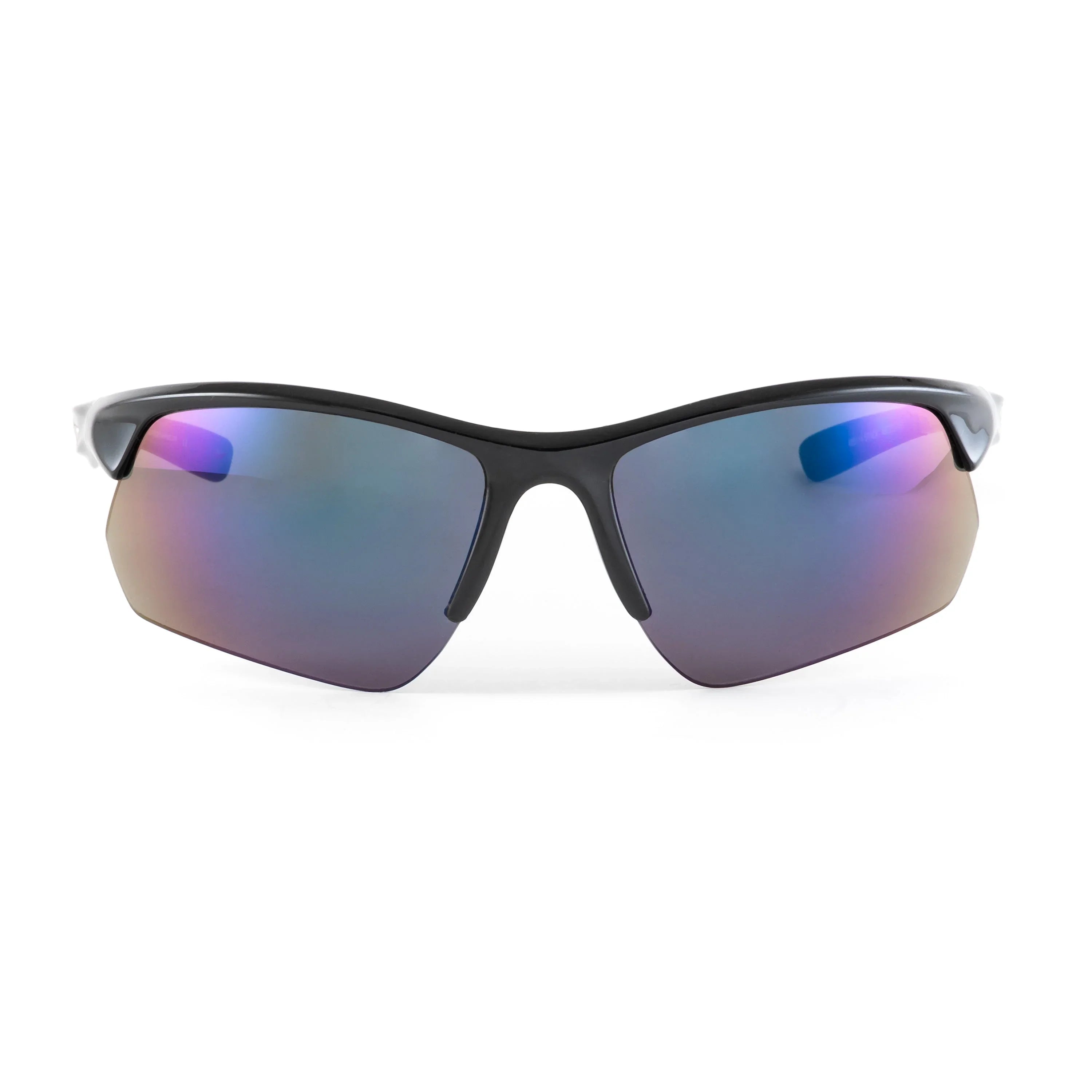 Sport sunglasses with black frame and mirrored lenses on white background