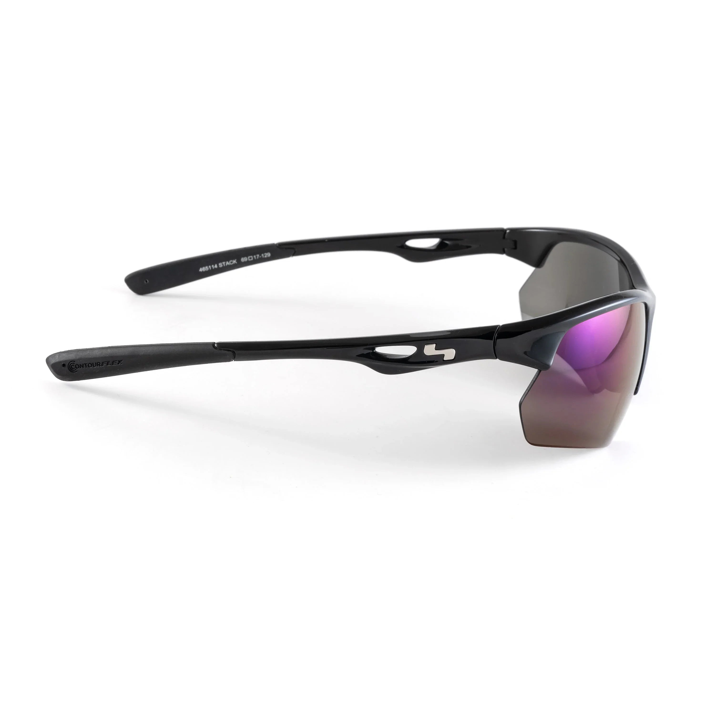 Black sport sunglasses with purple mirrored lenses and contoured flexible arms on white background