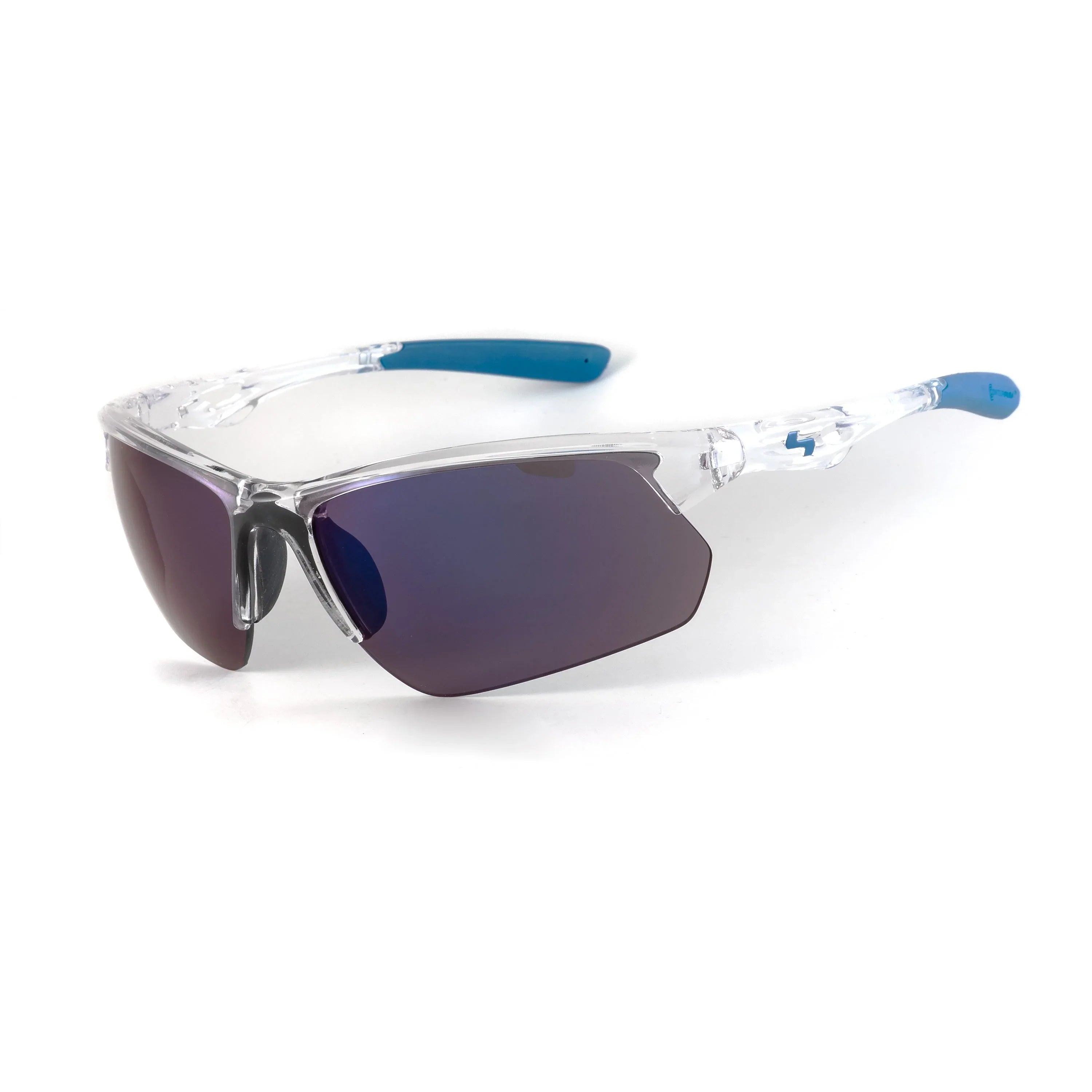 Clear frame sports sunglasses with dark lenses and blue tips on a white background