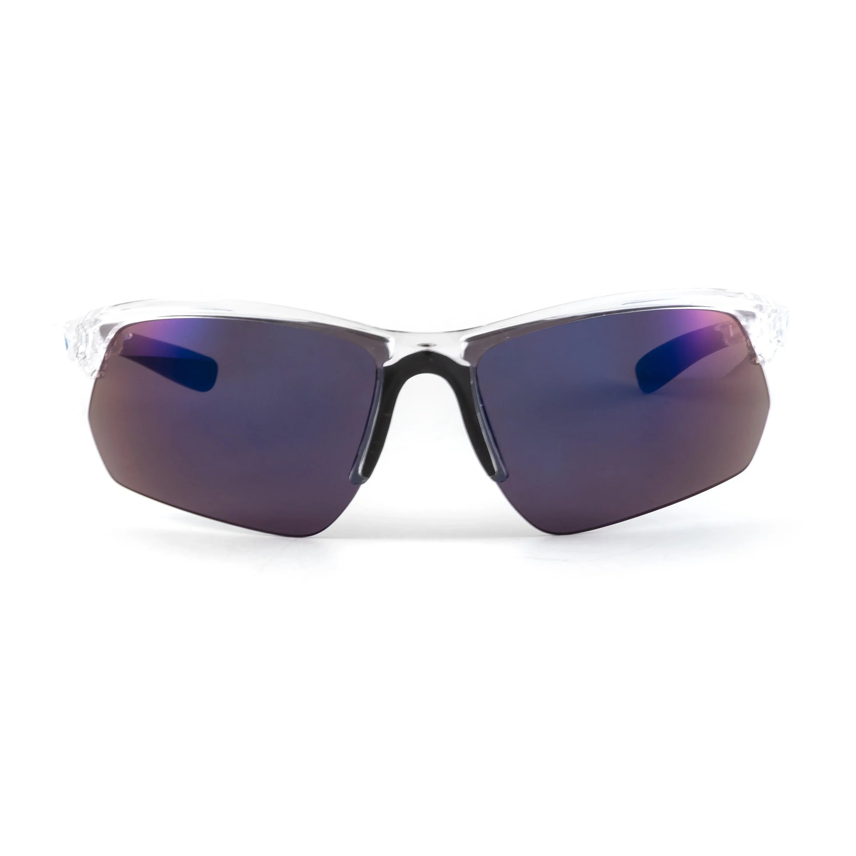 Clear frame sports sunglasses with dark mirrored lenses on white background