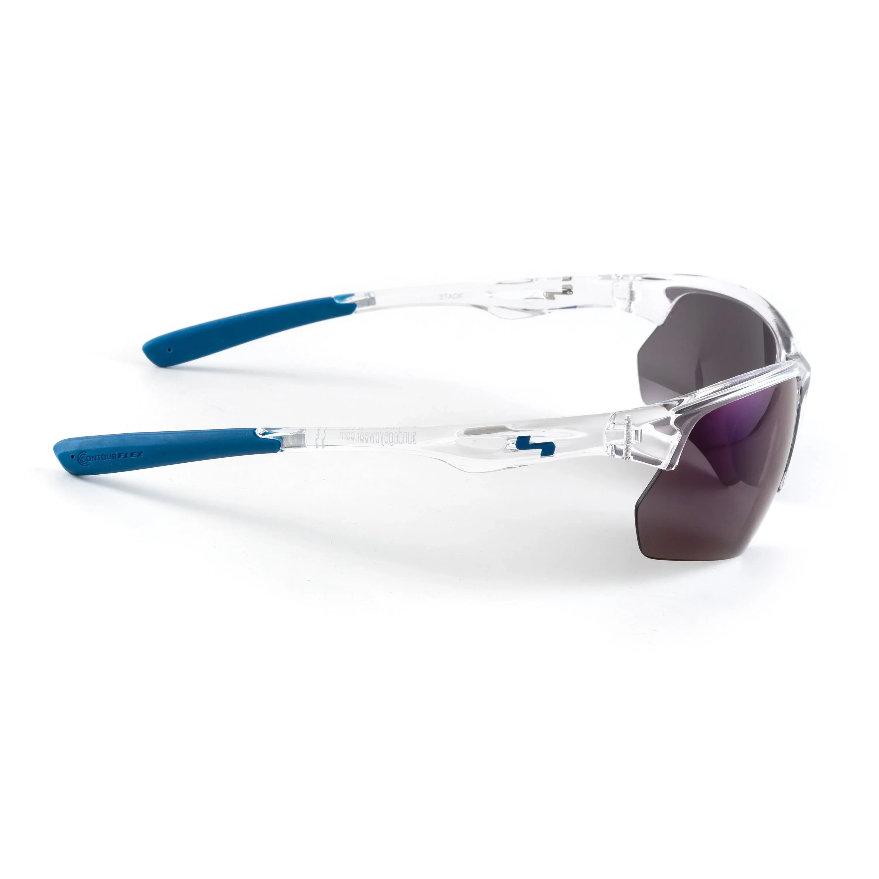 Clear frame safety glasses with blue arms and dark tinted lenses on white background
