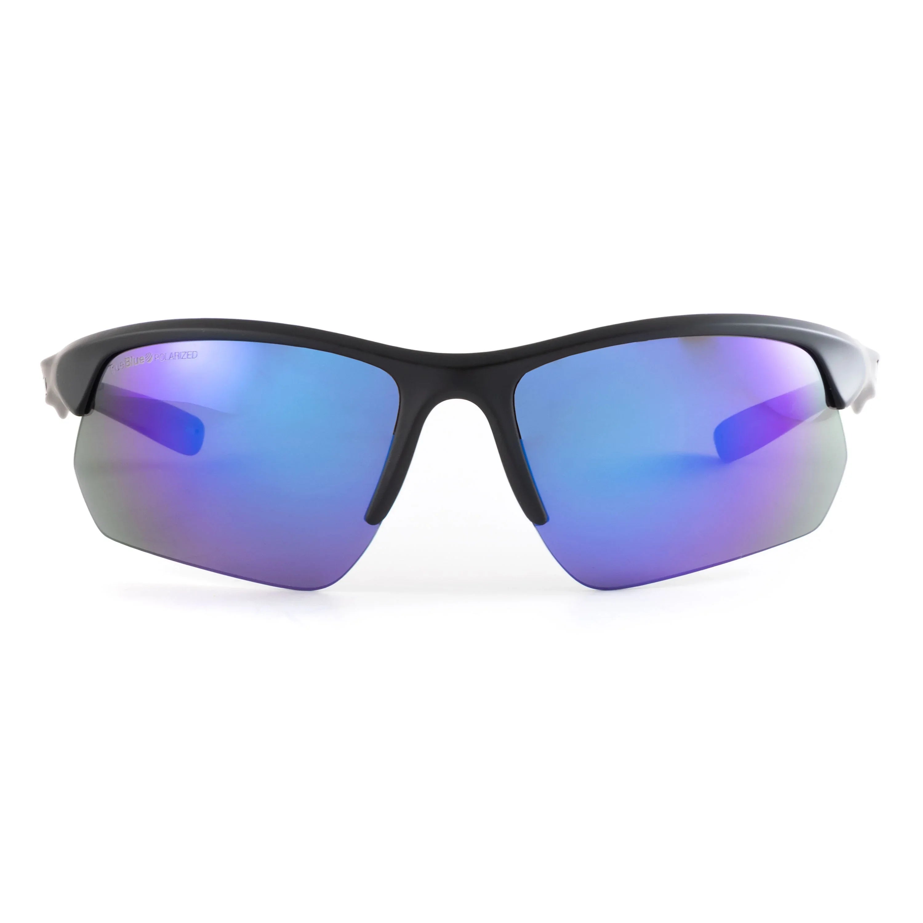 Sport sunglasses with black frame and blue mirrored polarized lenses on white background
