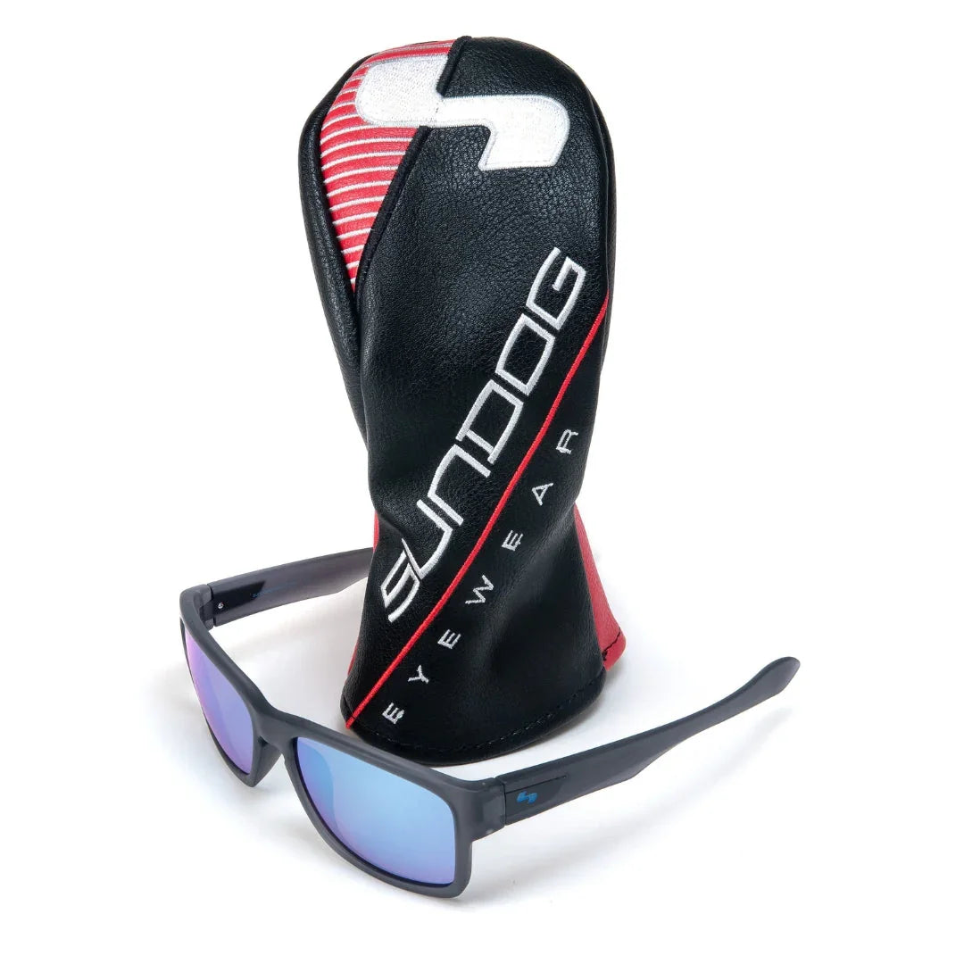 Sundog Eyewear branded black sunglasses and leather golf driver headcover case