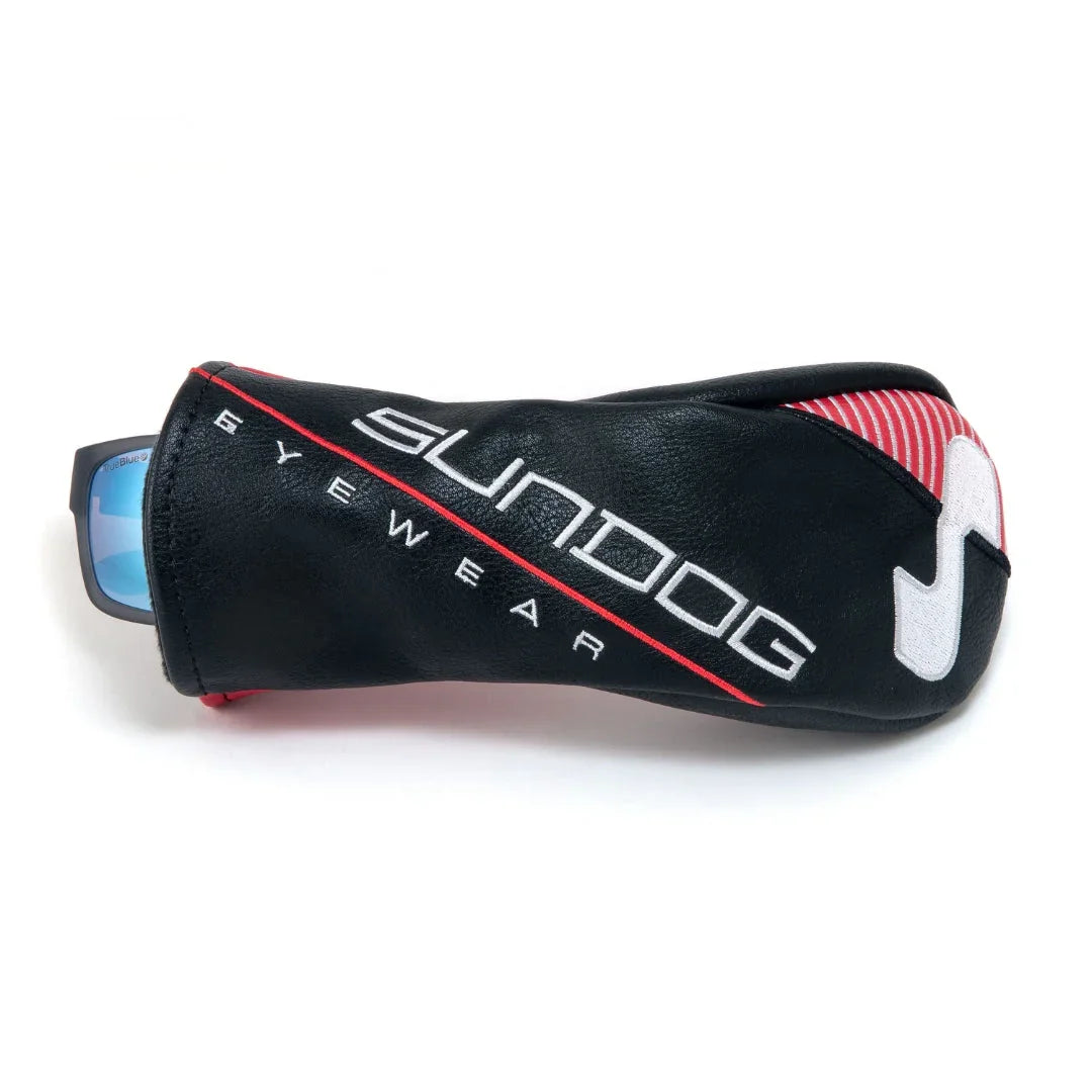 Sundog Eyewear black sunglass driver cover case with red and white accents on white background