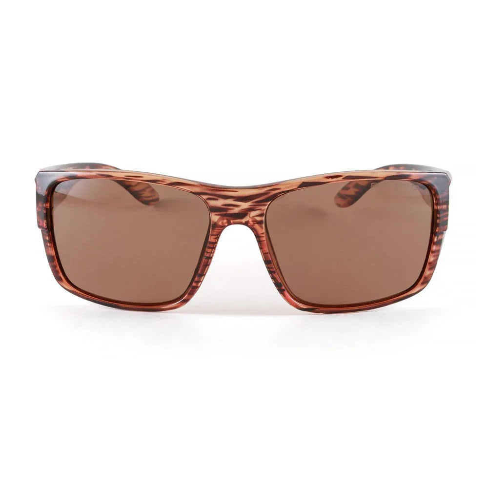 Tortoise shell rectangular sunglasses with brown lenses on white background