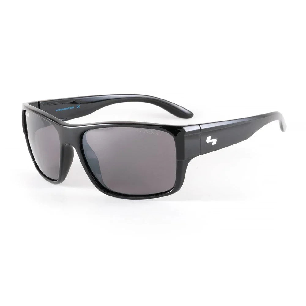 Black wraparound sunglasses with dark lenses on white background