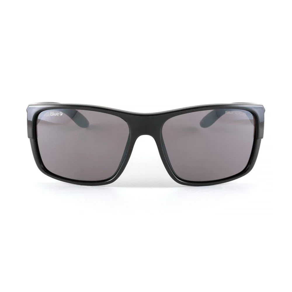 Black rectangular sunglasses with dark polarized lenses on white background