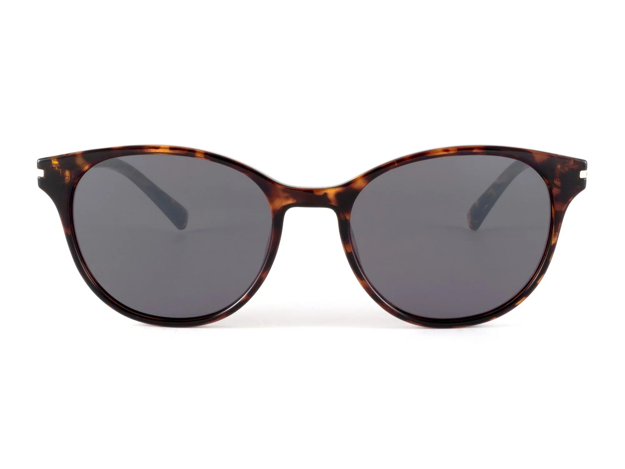 Tortoise shell round sunglasses with dark lenses on white background