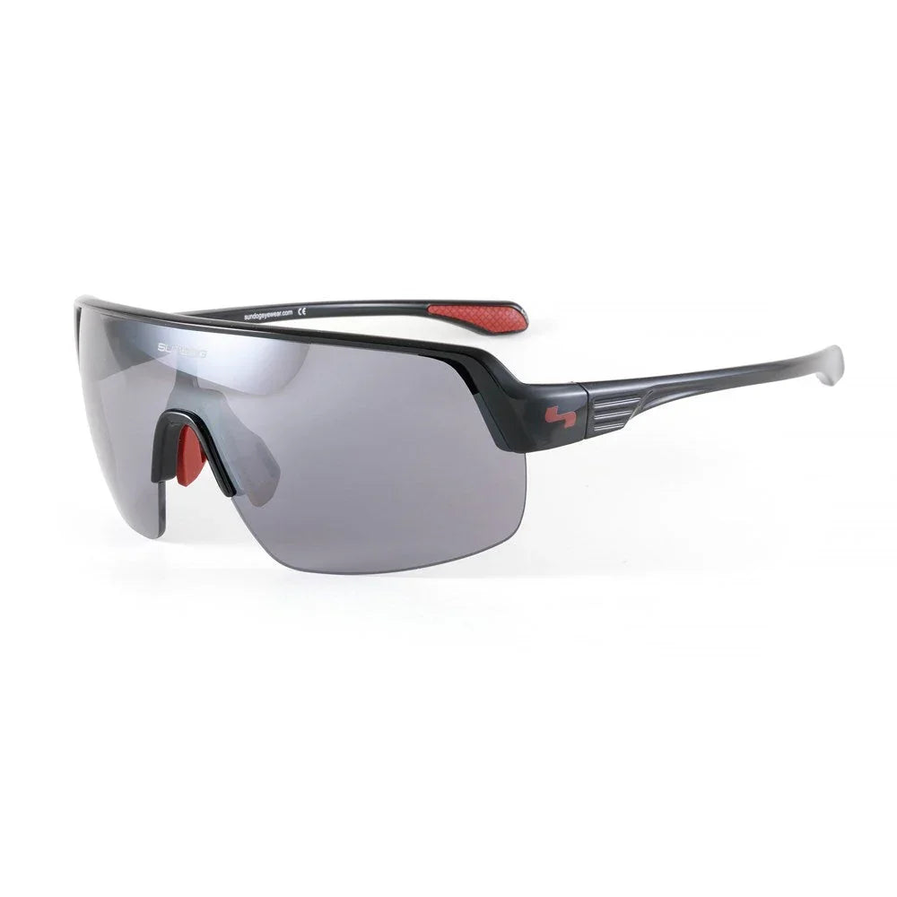 Sports sunglasses with black frame, gray wraparound lens, and red accents on nose pads and arms