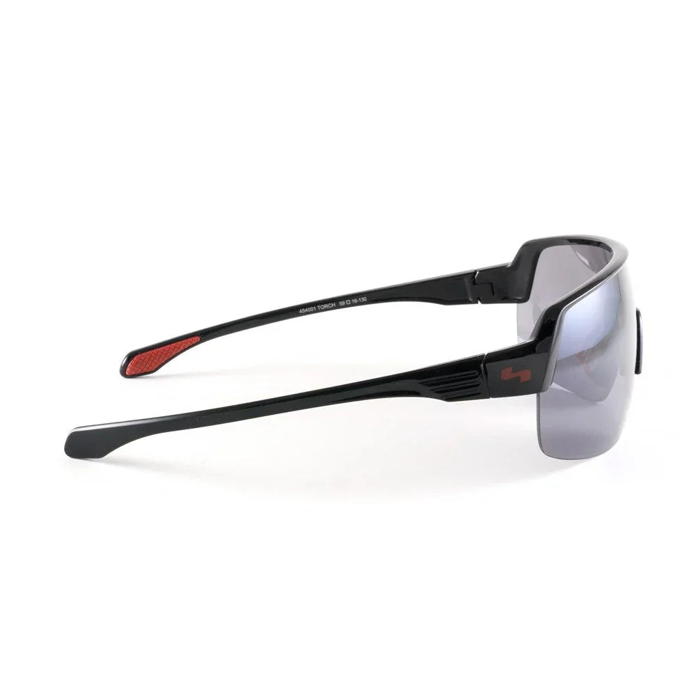 Black sport sunglasses with red accents and wraparound gray lenses on white background