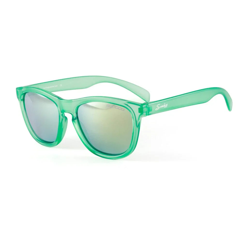 Green transparent sunglasses with mirrored lenses on white background