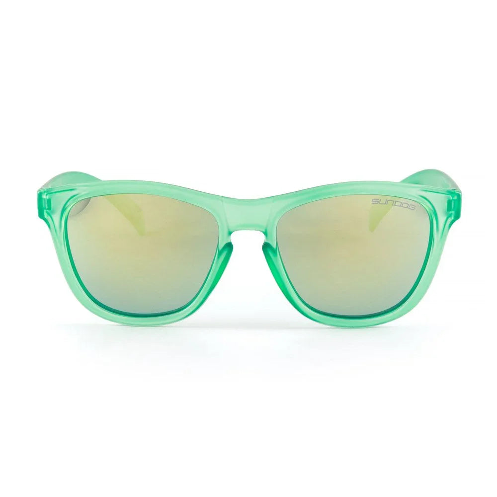 Green transparent frame sunglasses with mirrored lenses on white background